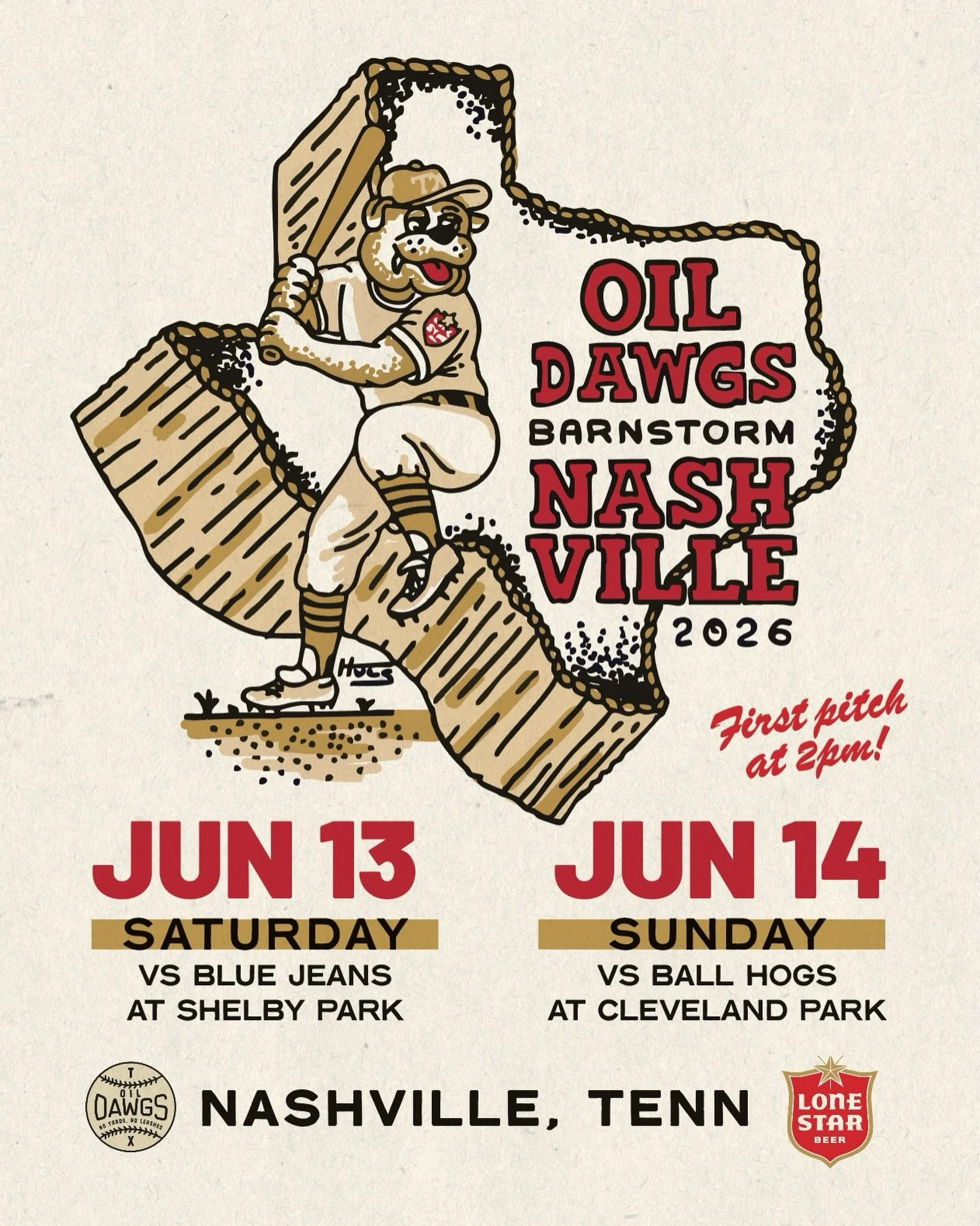 ⛓️ Nashville Barnstorm ⛓️

📅 6.13 Saturday v @blue.jean.ball.club at Shelby Park

📅 6.14 Sunday v @ballhog.nation at Cleveland Park

⏰: First Pitch: 2 PM (Both Games) 

Brought to you by @lonestarbeer 🍻

🖌️: @hulsdesign