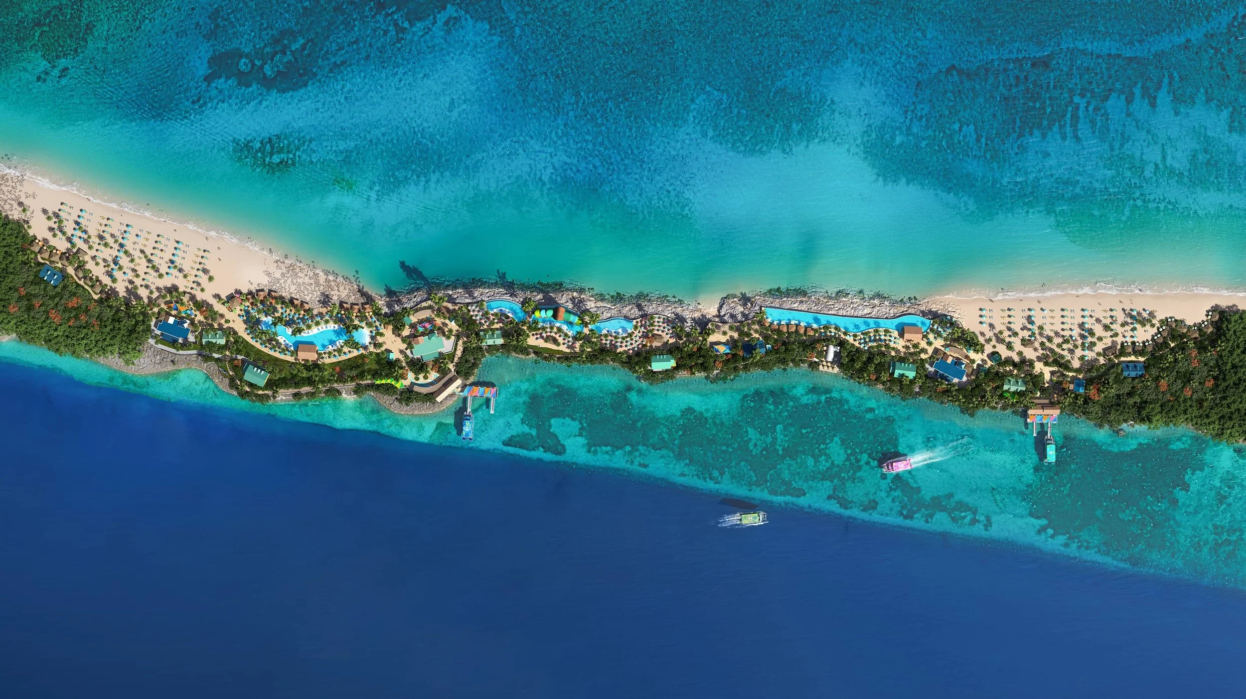 Aerial view of Royal Beach Club Paradise Island showing pools, beach areas and ferry docks