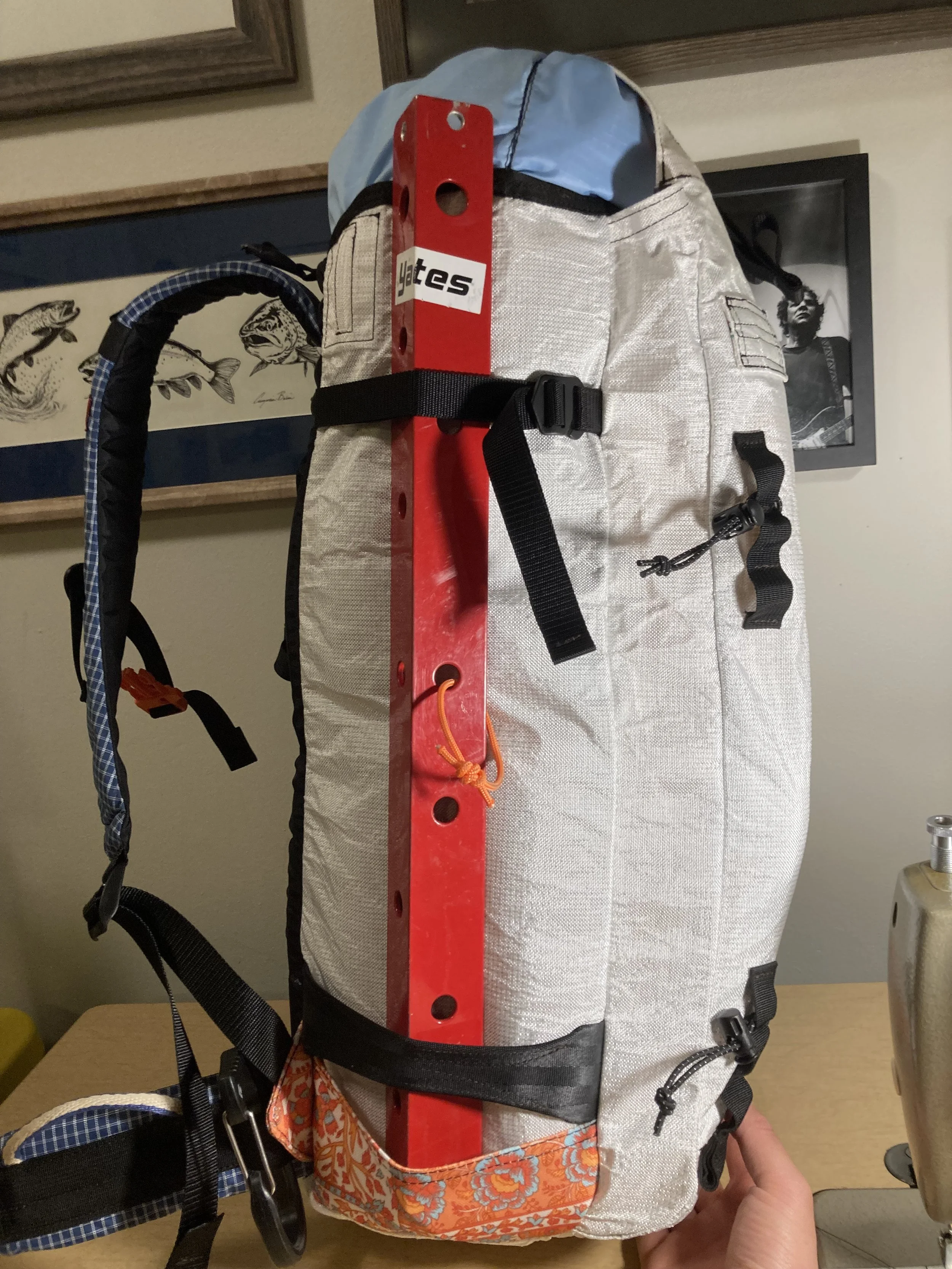 Completed mountaineering pack with an avy pocket and picket holder.