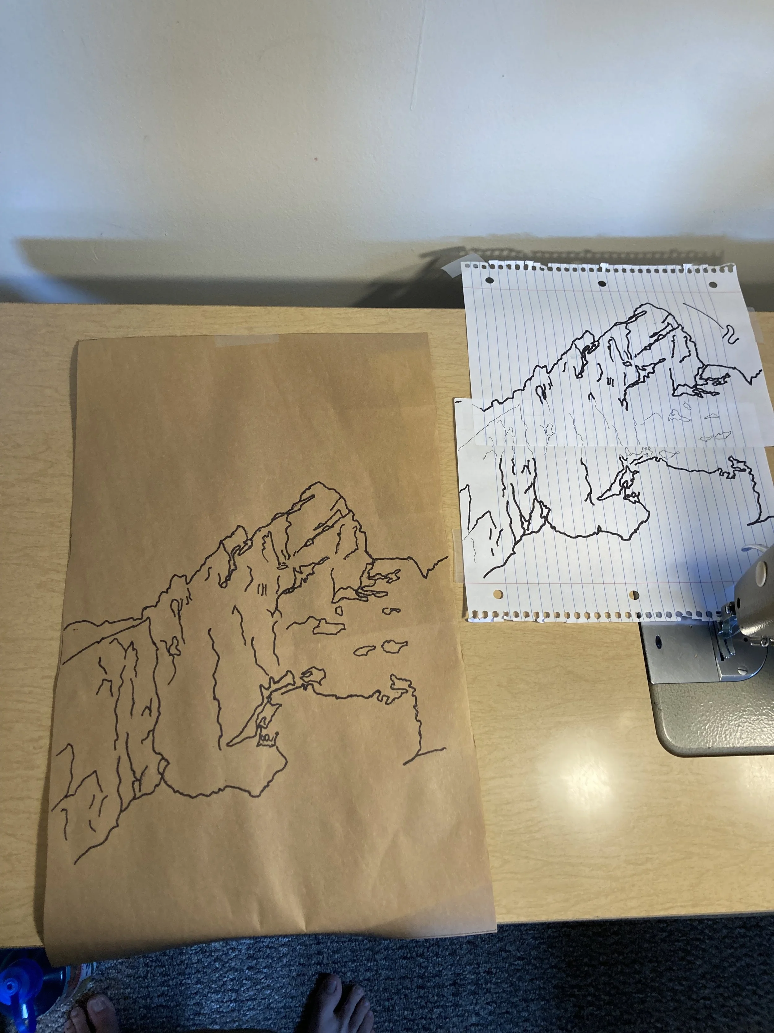 Template and scaling process of turning a drawing into a pattern to sew through.