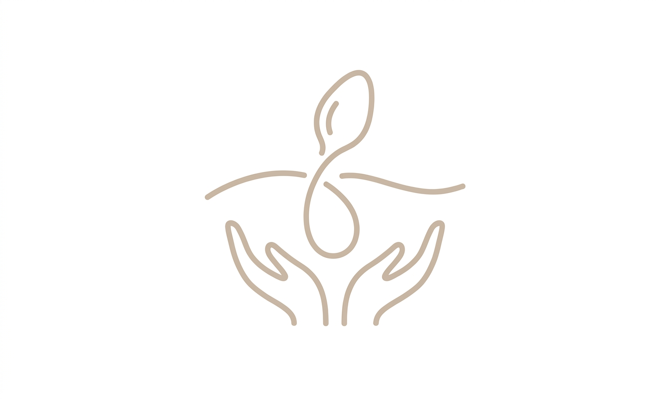 Minimalist line art icon of a sprouting seed and supportive hands representing natural fertility and preconception care.