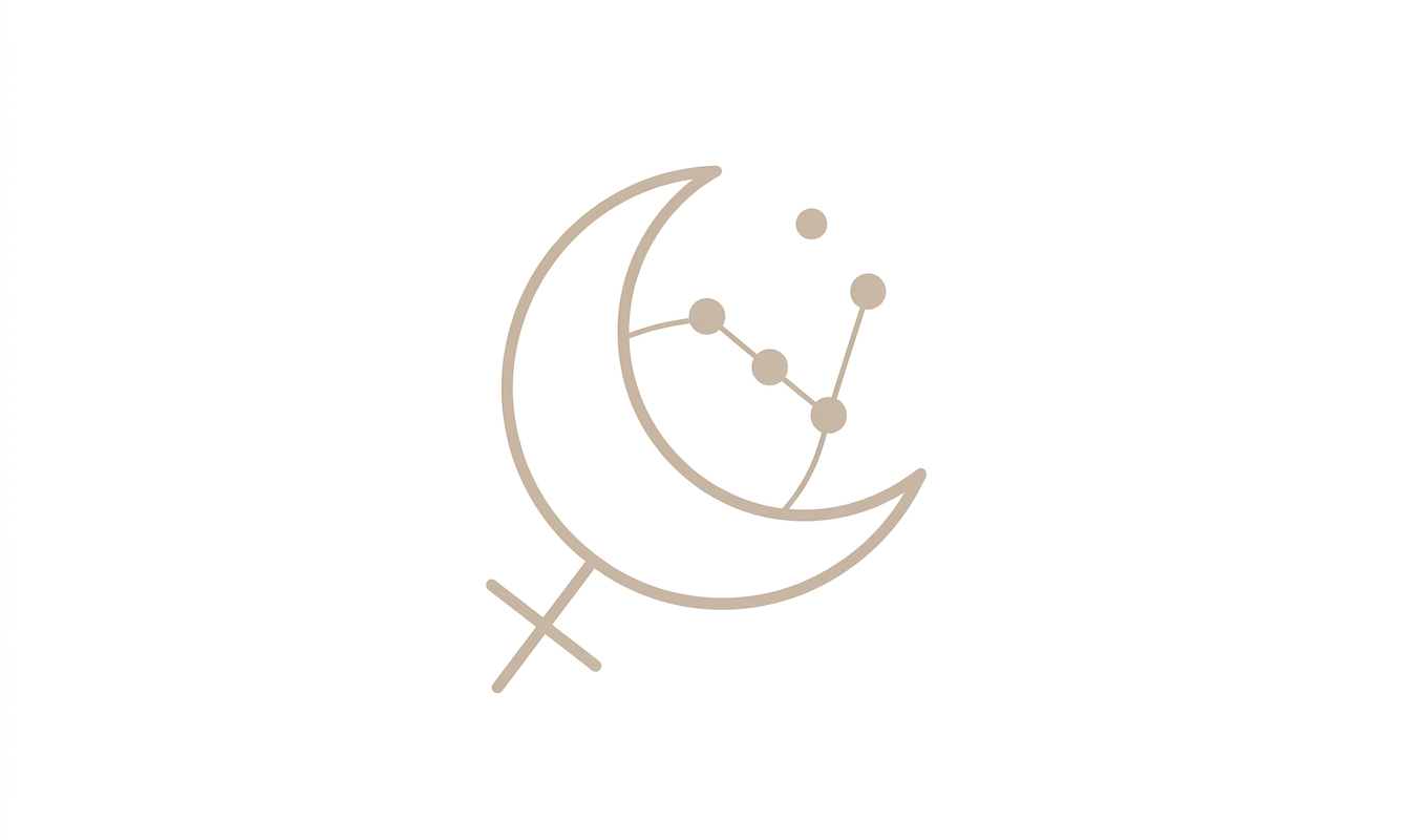 Minimalist line art icon featuring a crescent moon and female symbol representing holistic hormonal balance and women's wellness.