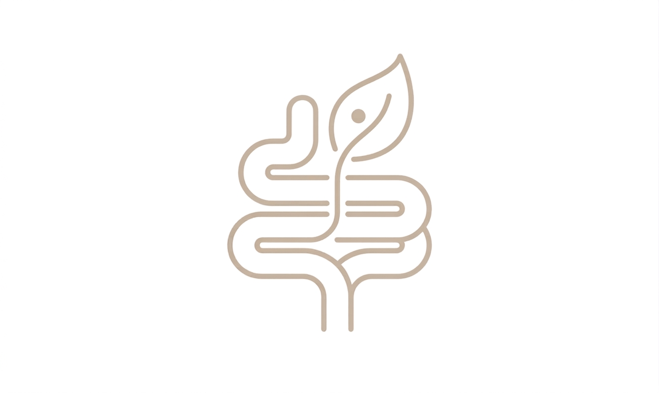 Minimalist line art icon of an intestinal curve and a leaf representing gut health, microbiome analysis, and digestive repair.