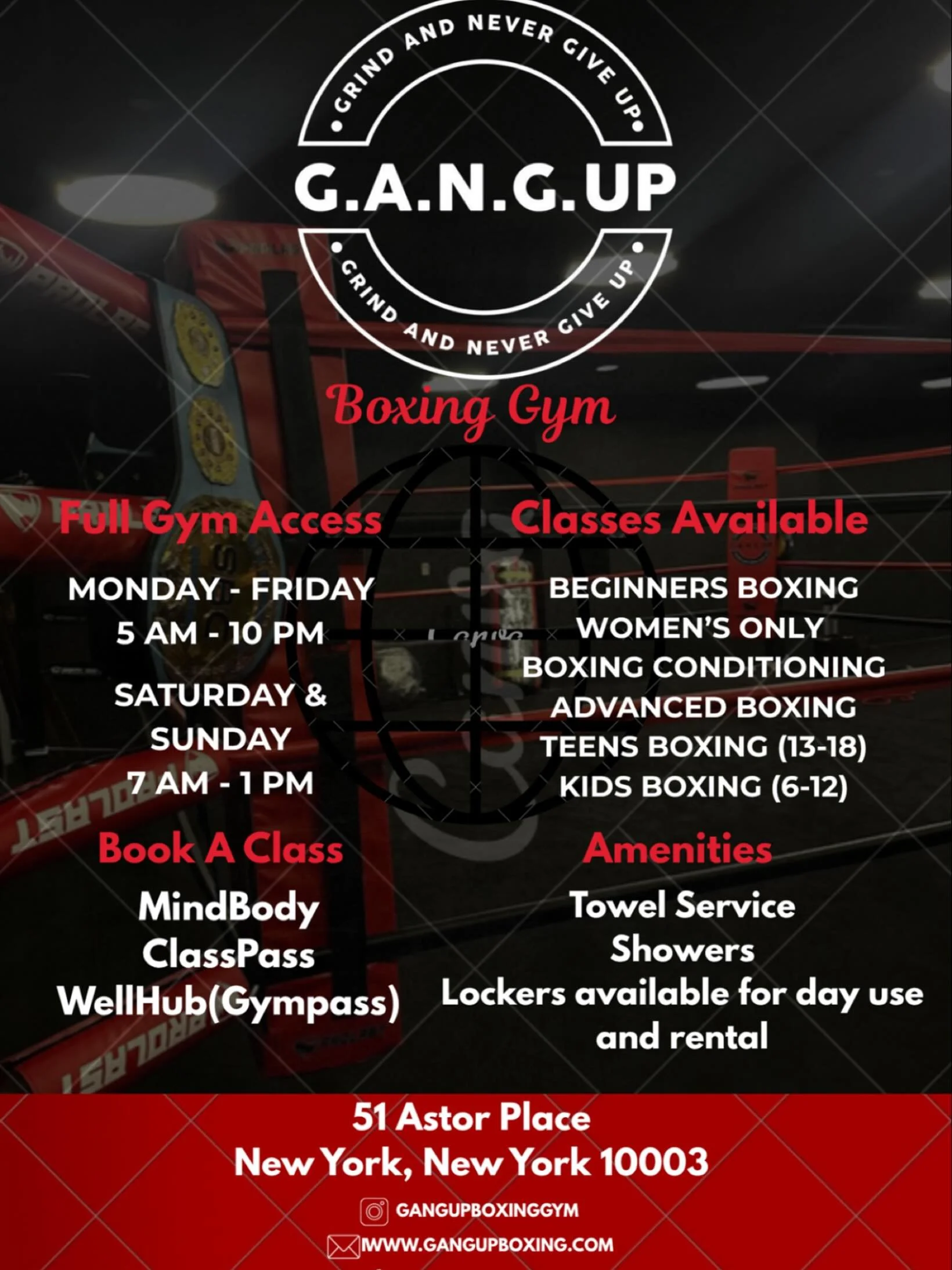 🥊 Looking for a new boxing home? 🥊

Whether you want to jump into high-energy classes, sharpen your skills with personal training, or just grind it out solo in a clean facility &mdash; G.A.N.G. UP Boxing Gym is the place for you.

🔥 First class is