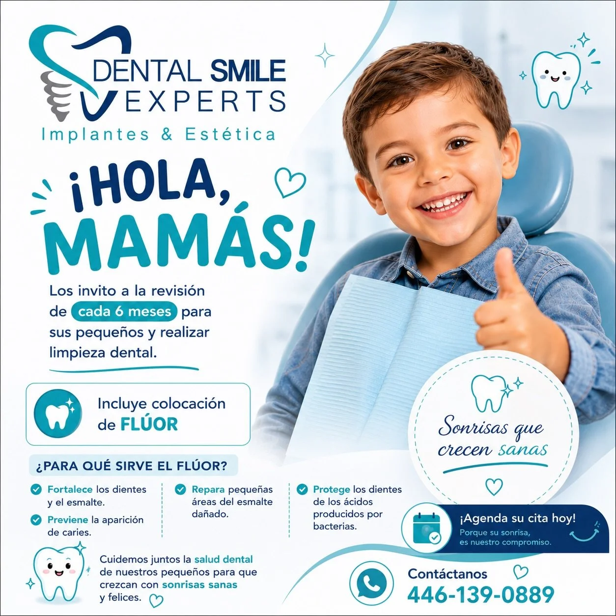 🦷✨ Hola, mamis ✨🦷

Las invitamos a realizar la revisi&oacute;n dental de cada 6 meses para sus peque&ntilde;os y aprovechar su limpieza dental infantil 🪥💙

Este mes estamos incluyendo aplicaci&oacute;n de fl&uacute;or dental GRATIS 
(el fl&uacute