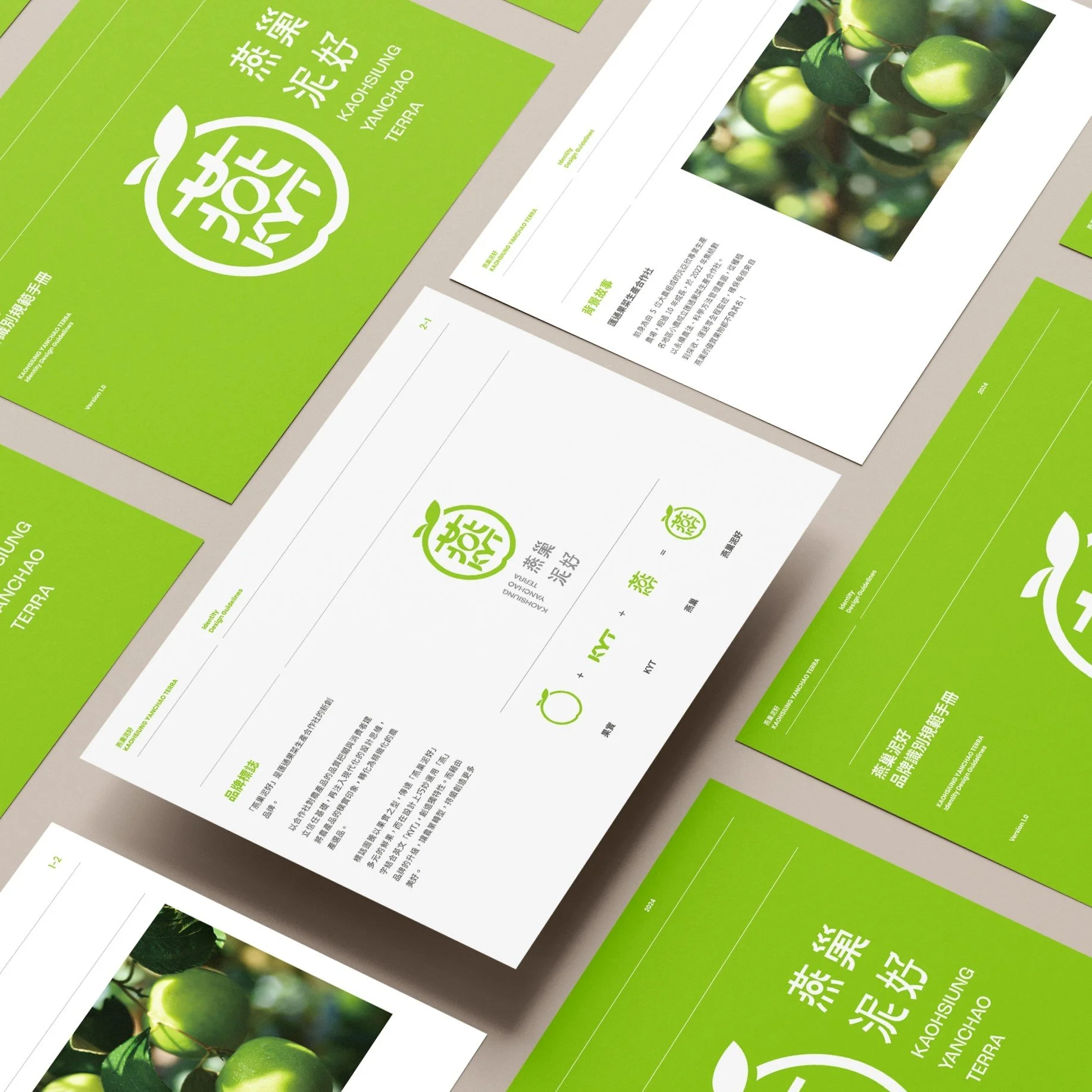 Brochures and flyers promoting Kaohsiung Yanchiao Terra, featuring green theme with imagery of green apples and Asian text.