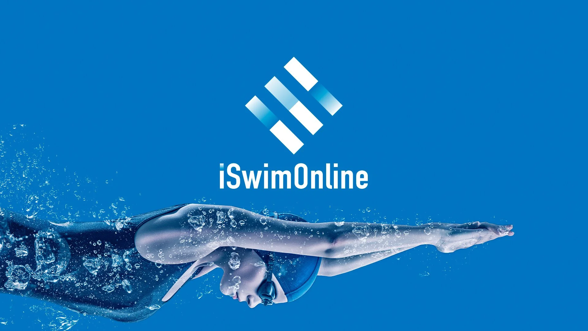 A swimmer in a black swimsuit and goggles is diving into water, with the splash and bubbles visible. The background is blue, and the logo for iSwimOnline is centered above the swimmer.