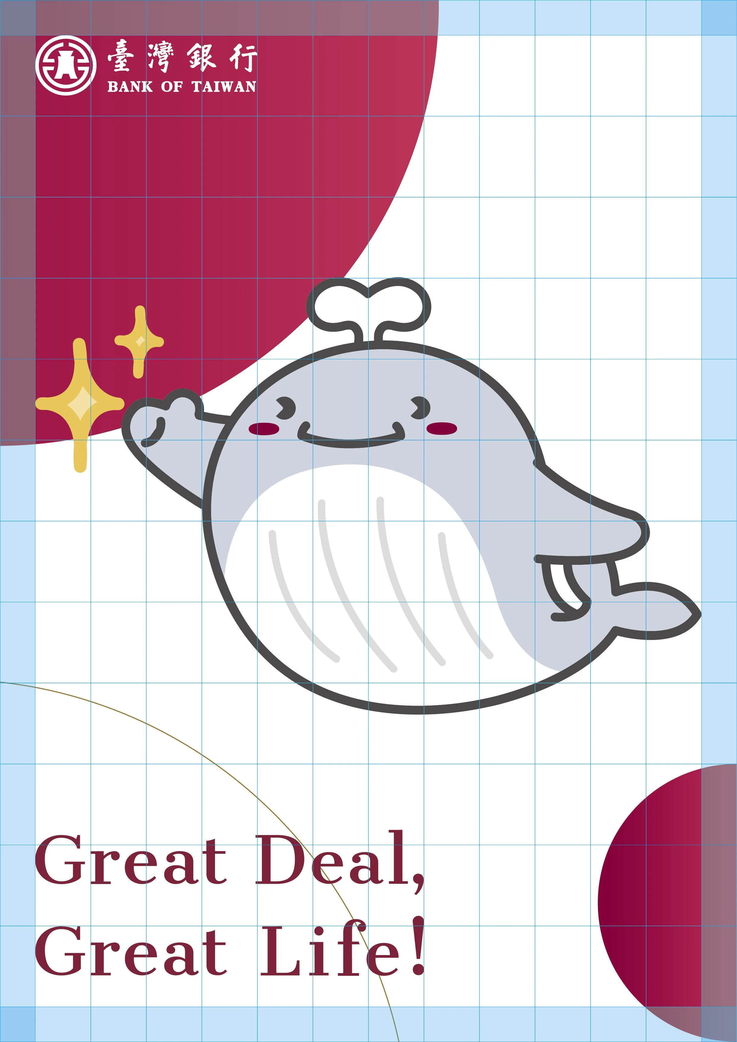 Cartoon whale with a cheerful expression, raising a flipper, with stars next to it, against a colorful background featuring red and blue sections, and text reading 'Great Deal, Great Life!' in the lower left corner.