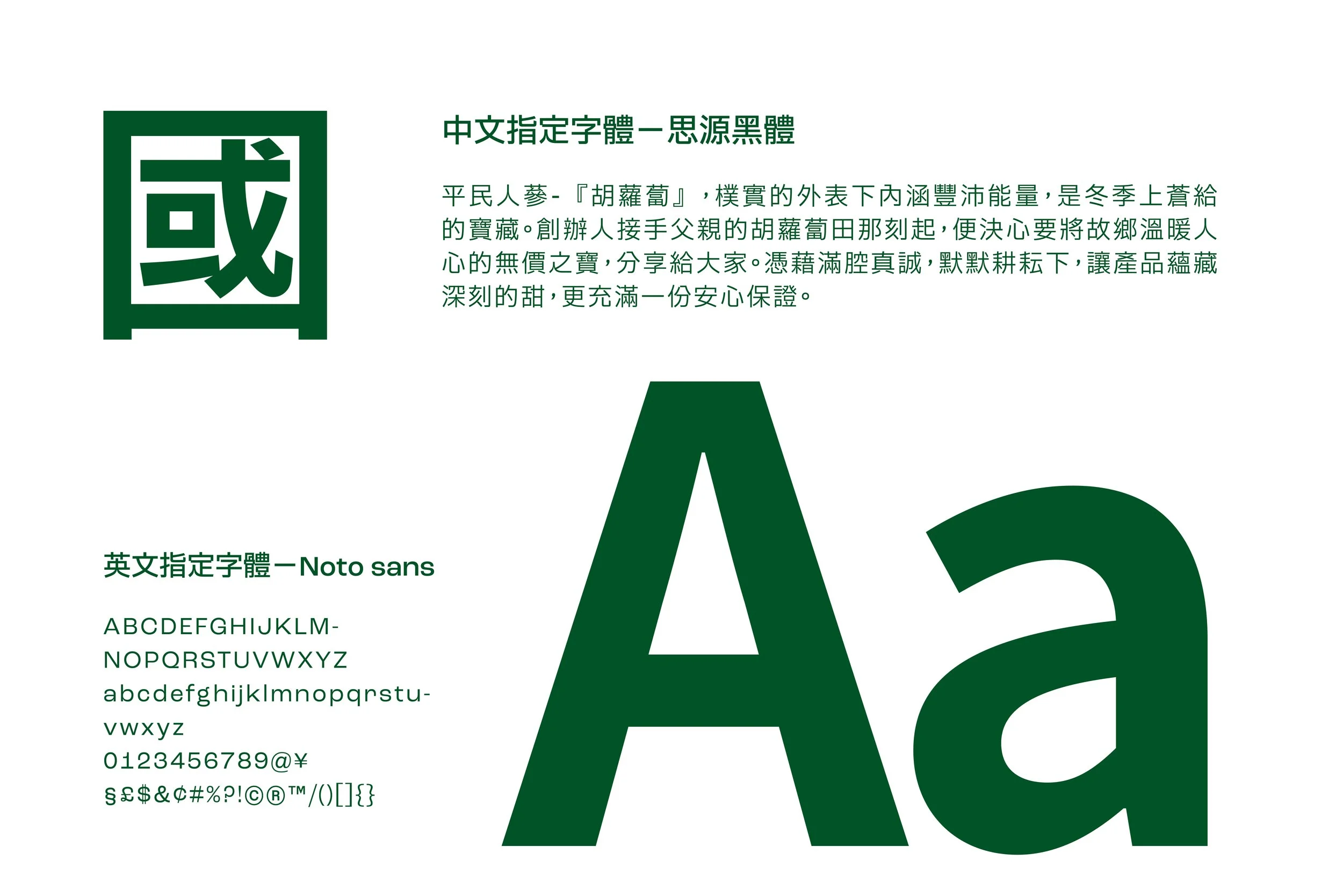 A design sheet showing Chinese and English fonts. The Chinese font is named '思源黑體,' with a description in Chinese characters. The English font is named 'Noto Sans,' with uppercase and lowercase alphabet samples, numbers, and symbols displayed.