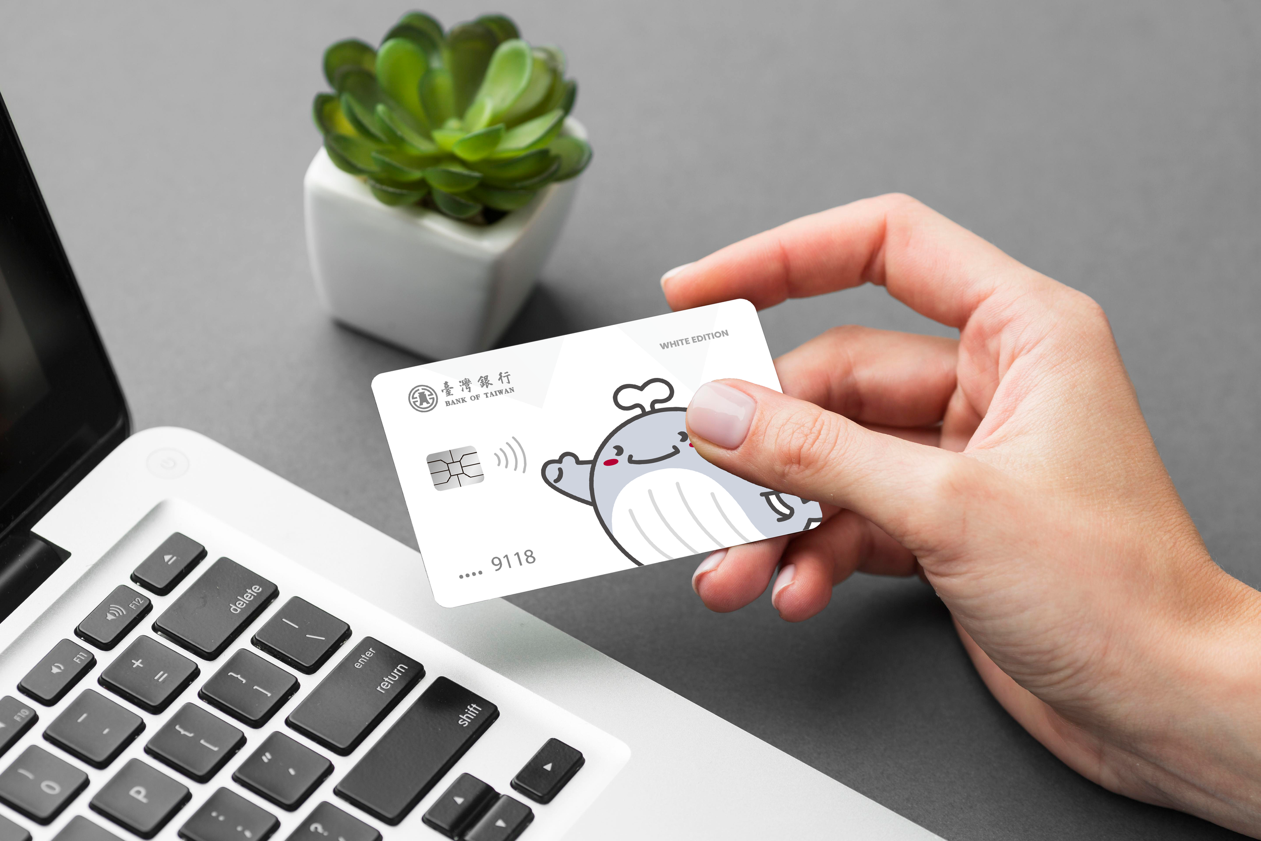 Person holding a white contactless bank card with a cartoon chef character, laptop keyboard, and a potted succulent plant on a gray surface.