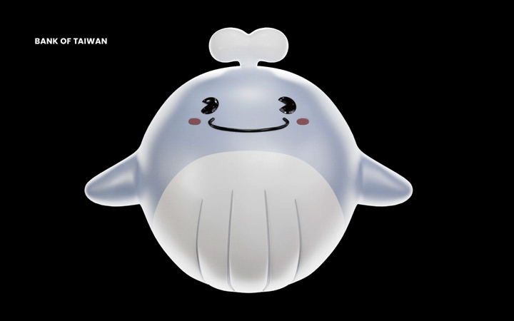 A whale-shaped piggy bank with a smiling face, blush on cheeks, and a coin slot on top, labeled 'Bank of Taiwan' in the top left corner.
