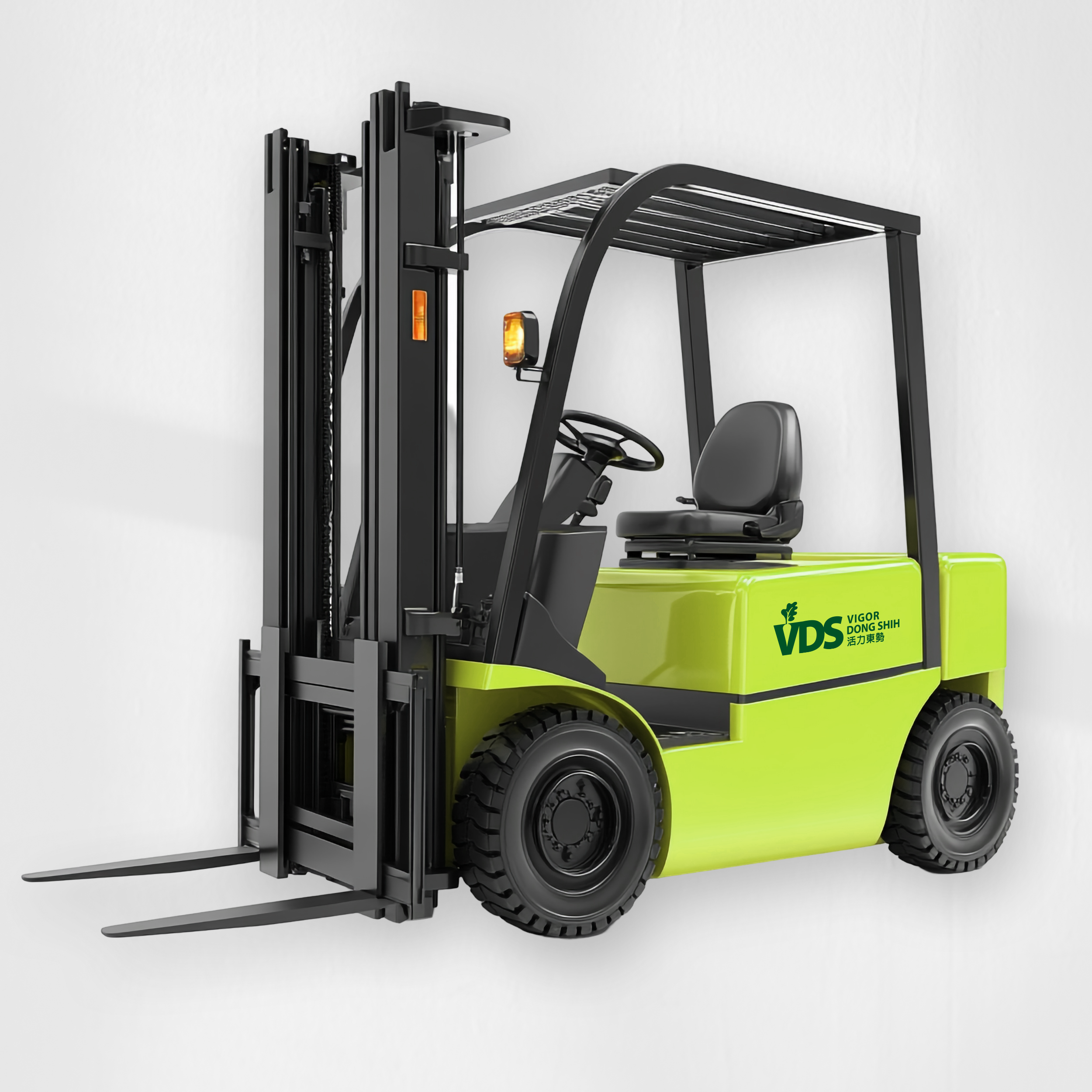 Green forklift with black accents, sitting against a white wall.