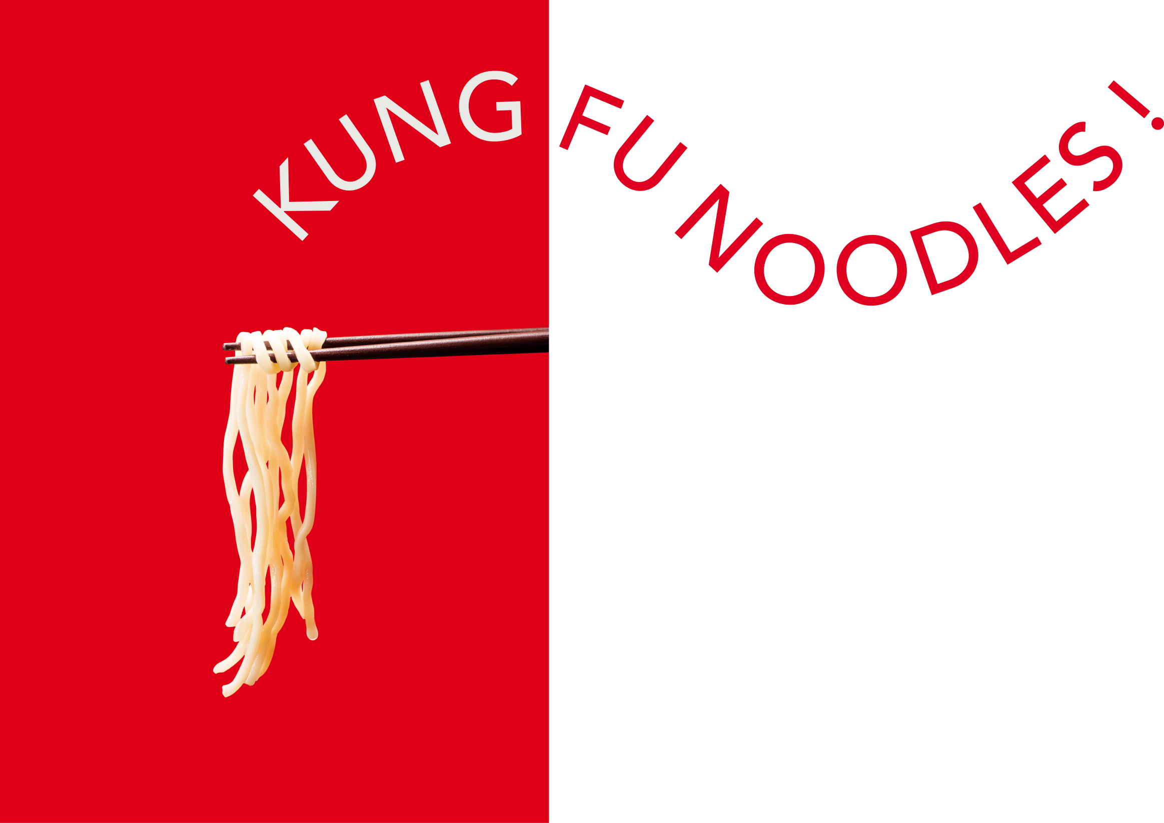 Red background with white text saying 'KUNG' and a pair of black chopsticks holding noodles.