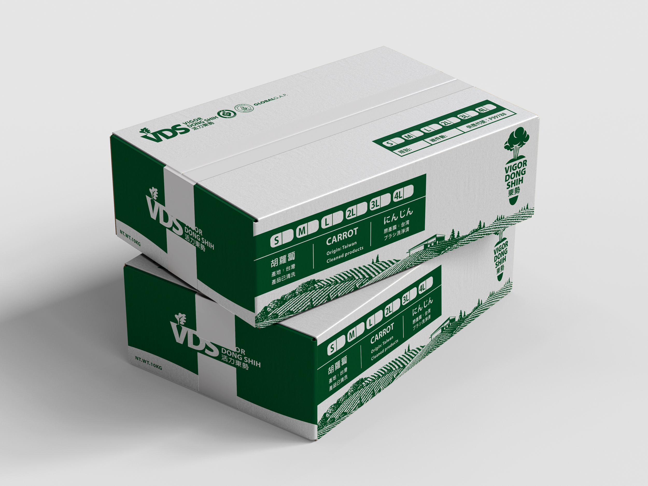 Stacked white and green boxes of carrots from Vigor Dong Shih, with illustrations of a farm landscape on the packaging.