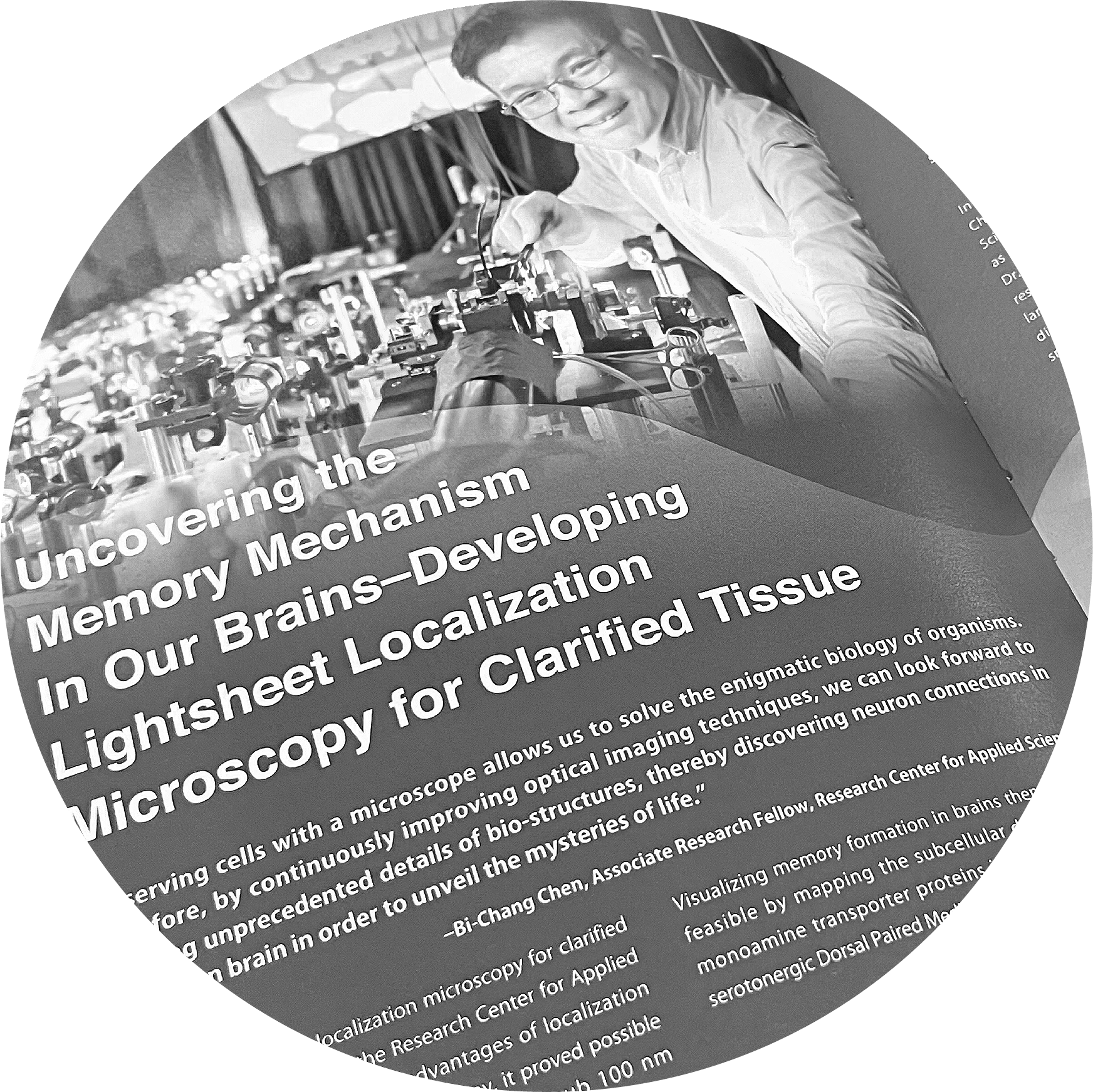 A scientific poster discusses uncovering the memory mechanism in the brain, with an image of a researcher working with a microscope and text explaining the research.