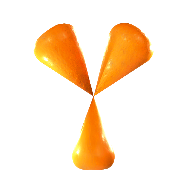 Three slices of mango arranged on a yellow background, resembling a butterfly.