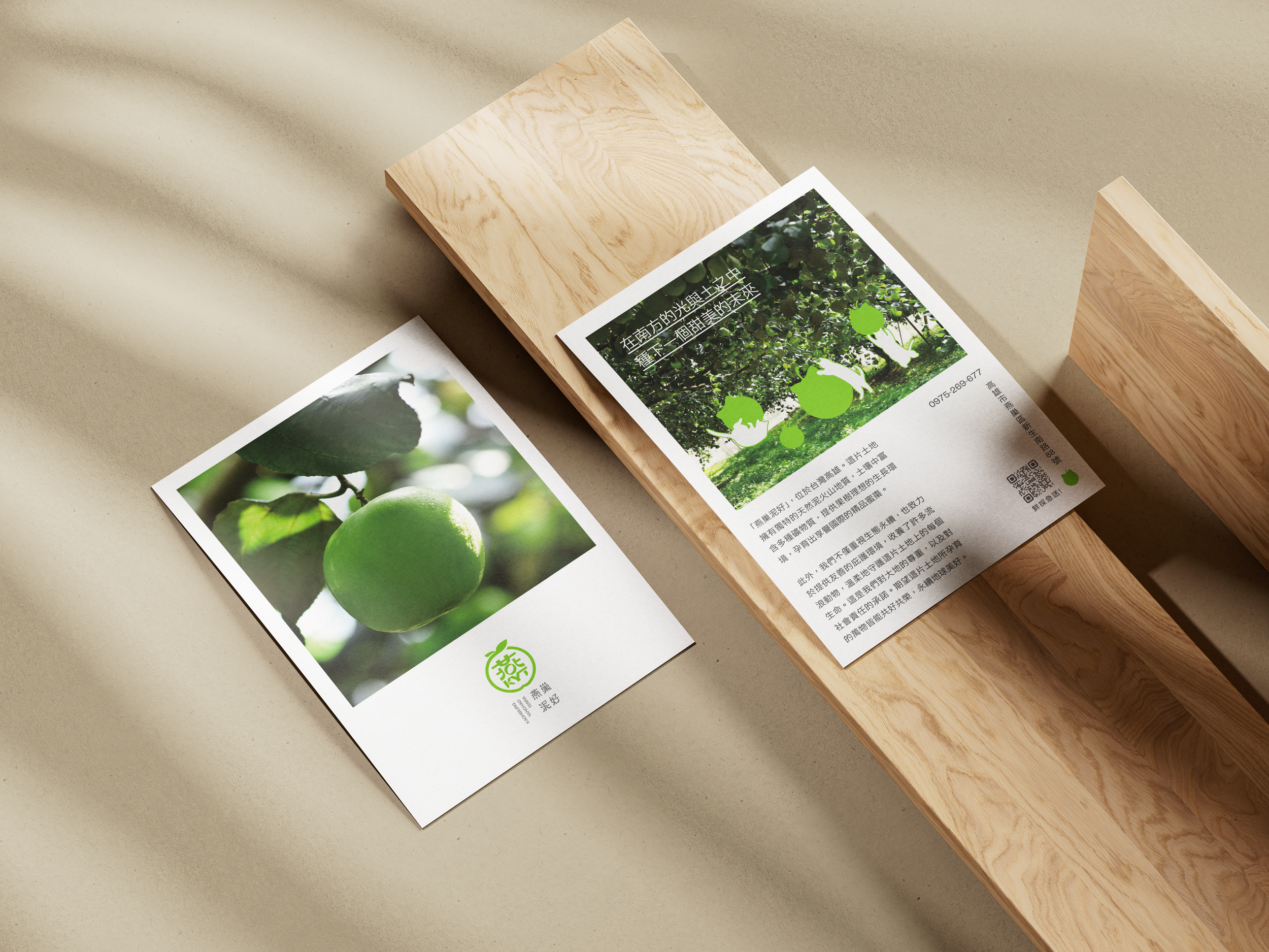 A pamphlet featuring a close-up photo of a green apple with a leaf attached, and another pamphlet with a photograph of a wooded orchard with green trees, both brochures include Chinese text and QR codes on a light-colored surface, with the individual brochures placed on a wooden stand.