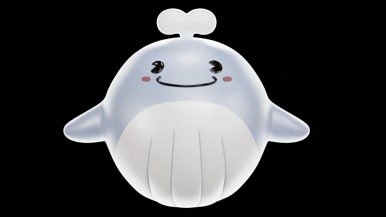 Cute cartoon whale with a chef's hat, smiling with rosy cheeks, on a black background.