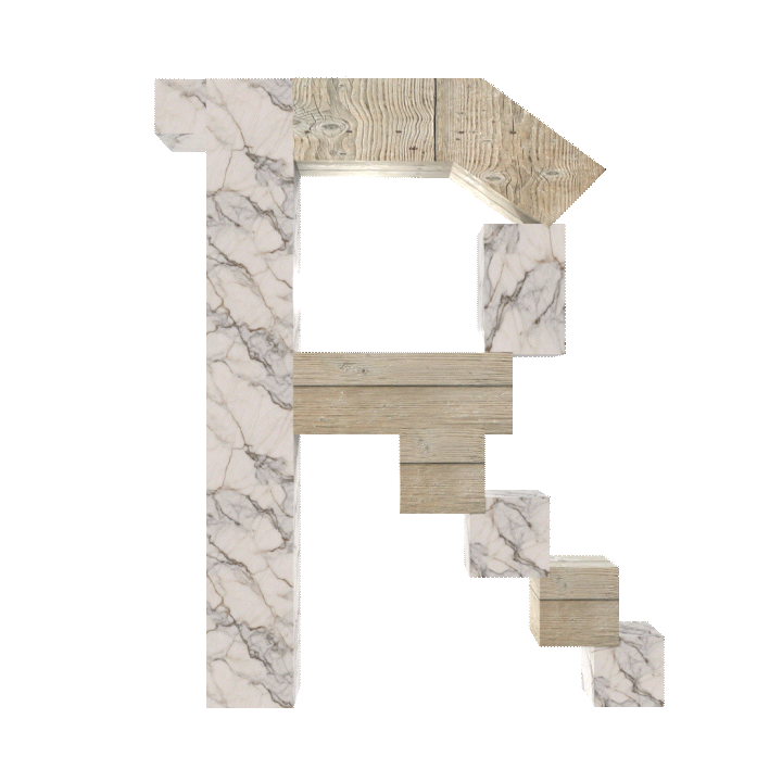 Letter R created with various wood and marble textures.