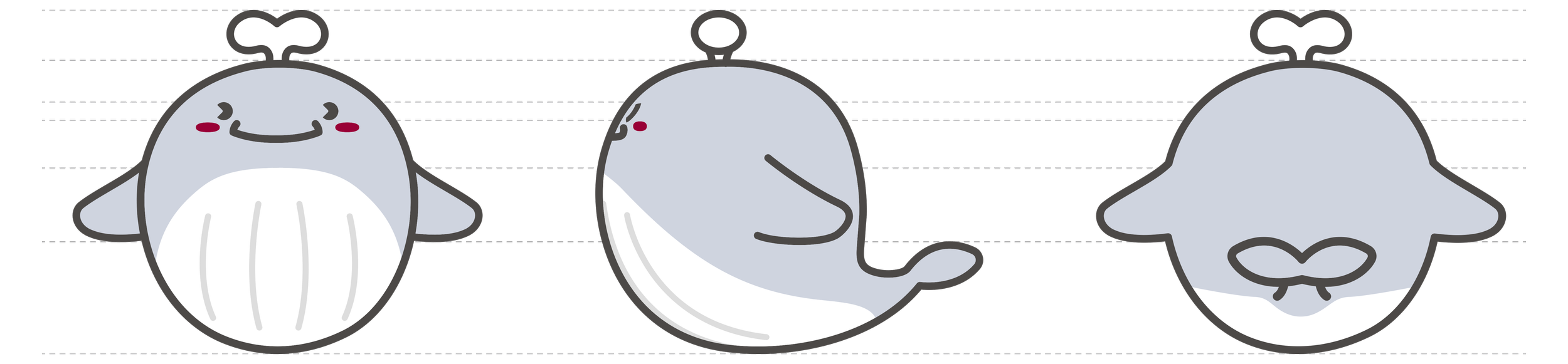 A cute cartoon whale with a smiling face, shown in front, side, and back views.