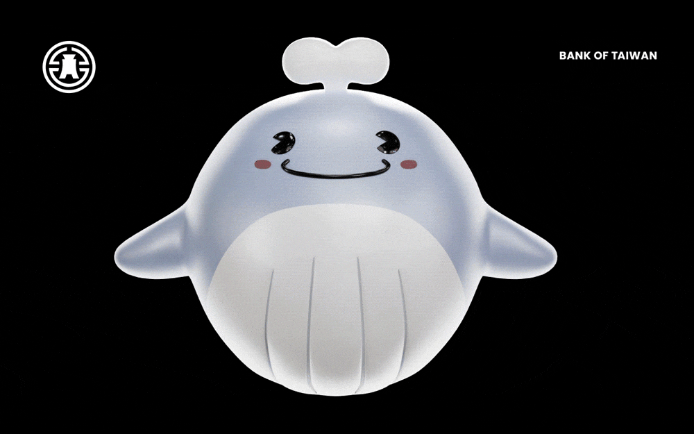 A cartoon inflatable toy whale with a smiling face, blushing cheeks, and a water spout on top, set against a black background with the logo of the Bank of Taiwan in the top left corner.