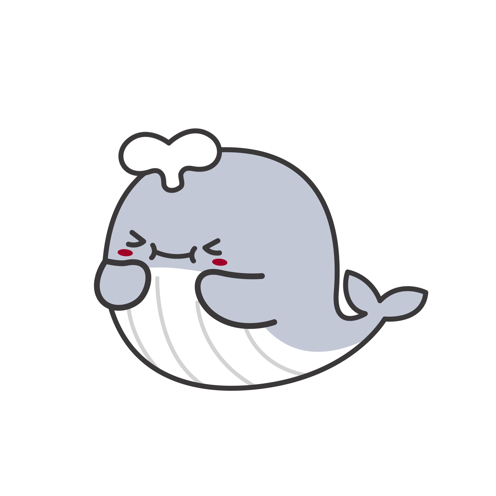 Cute cartoon whale with a chef's hat, blushing and making a bashful expression.