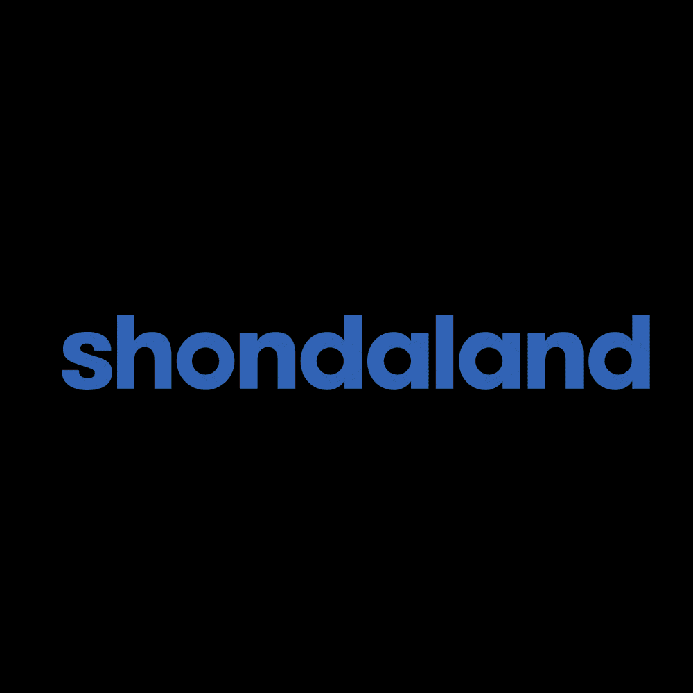 Logo with the word 'shondaland' in blue lowercase letters on a black background.