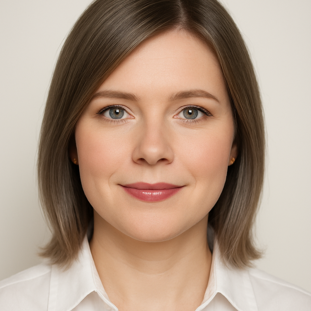 Close-up portrait of a young woman with shoulder-length brown hair, blue eyes, and a subtle smile, wearing a white collared shirt against a plain background.