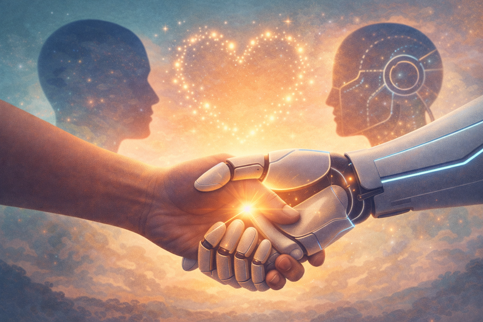 Digital illustration of a human and AI hand shaking, glowing heart between human and AI silhouettes