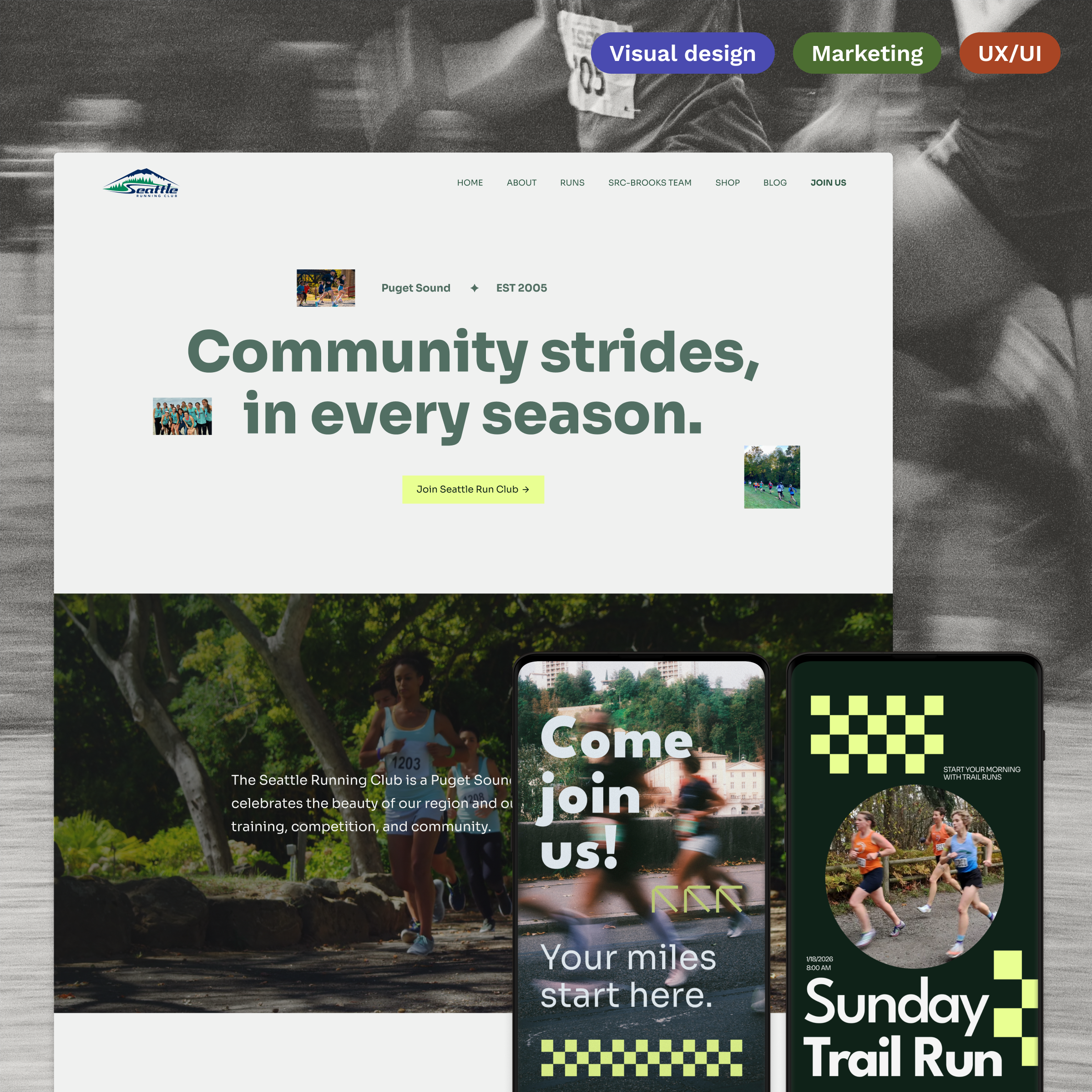 Homepage of the redesigned Seattle Running Club website, and screenshots of social media posts.