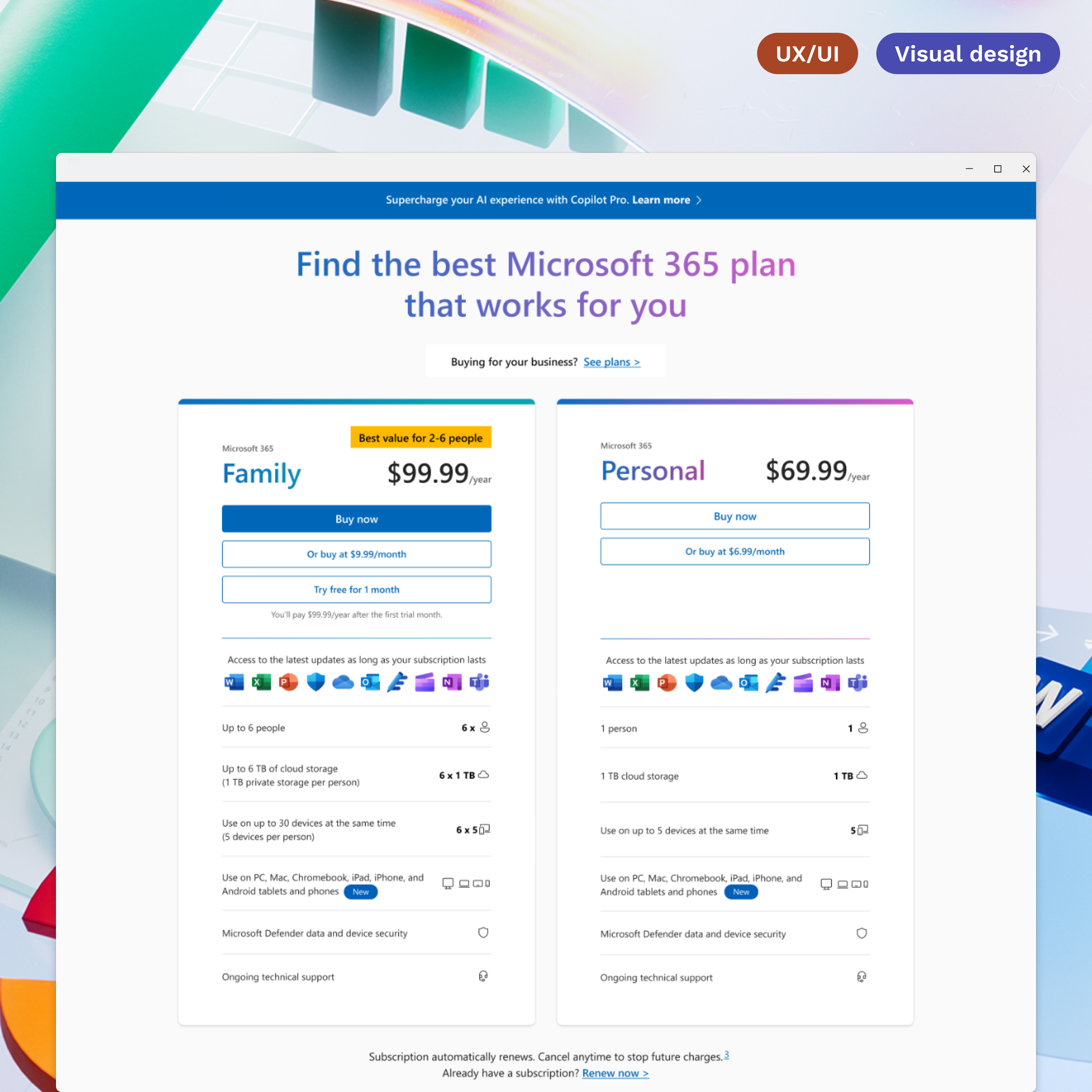 A screen of Microsoft 365 plan options