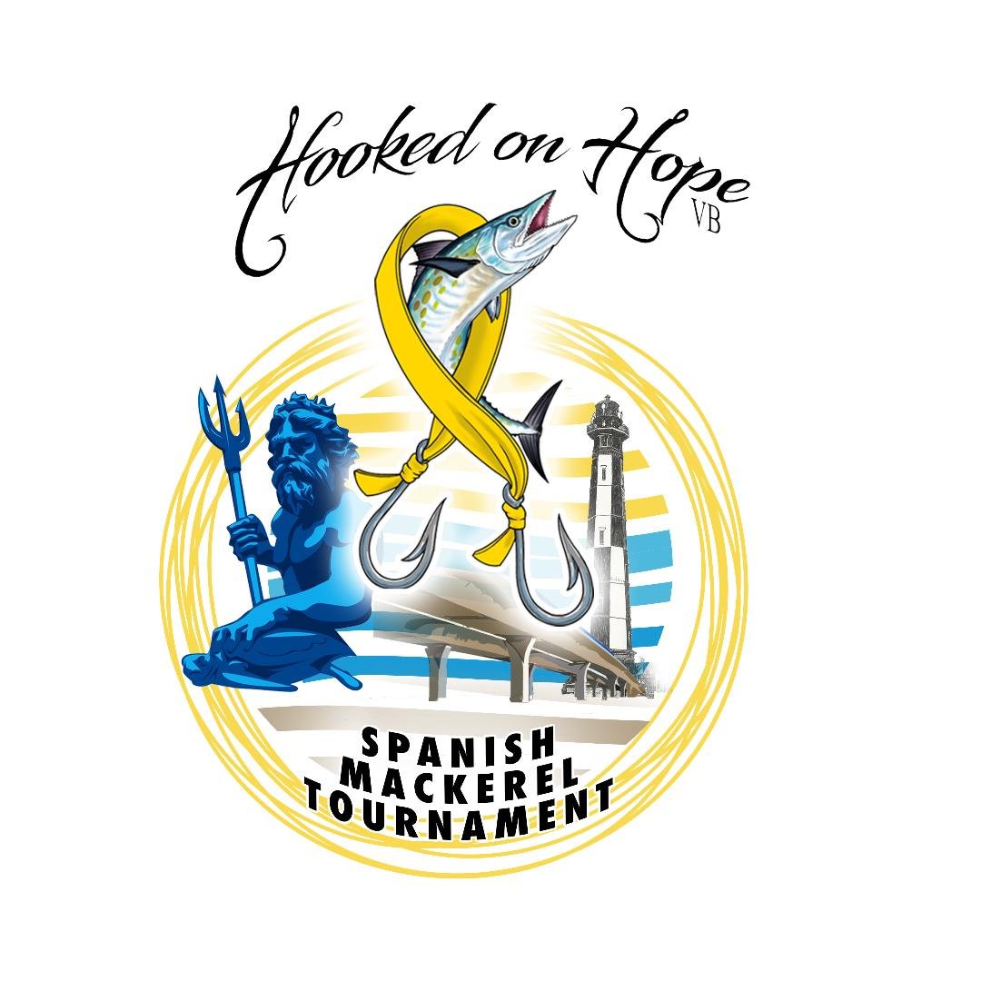 Illustration for "Hooked on Hope VB Spanish Mackerel Tournament" featuring a fish on a hook, a blue statue with a trident, a lighthouse, and a bridge.