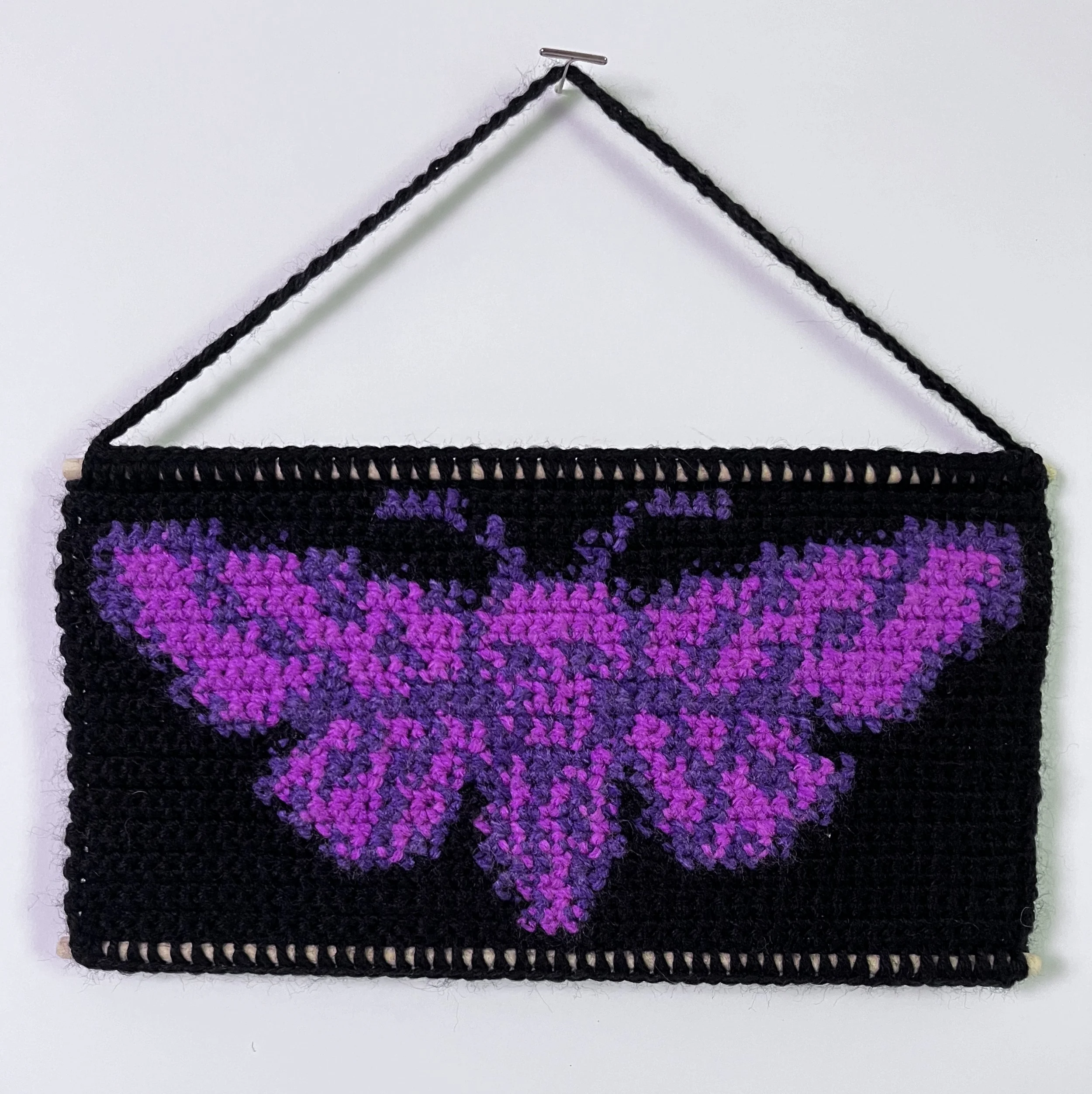 Death’s Head Hawk Moth, 4.5 x 8.5”, acrylic yarn, wooden dowels, felt, 2026