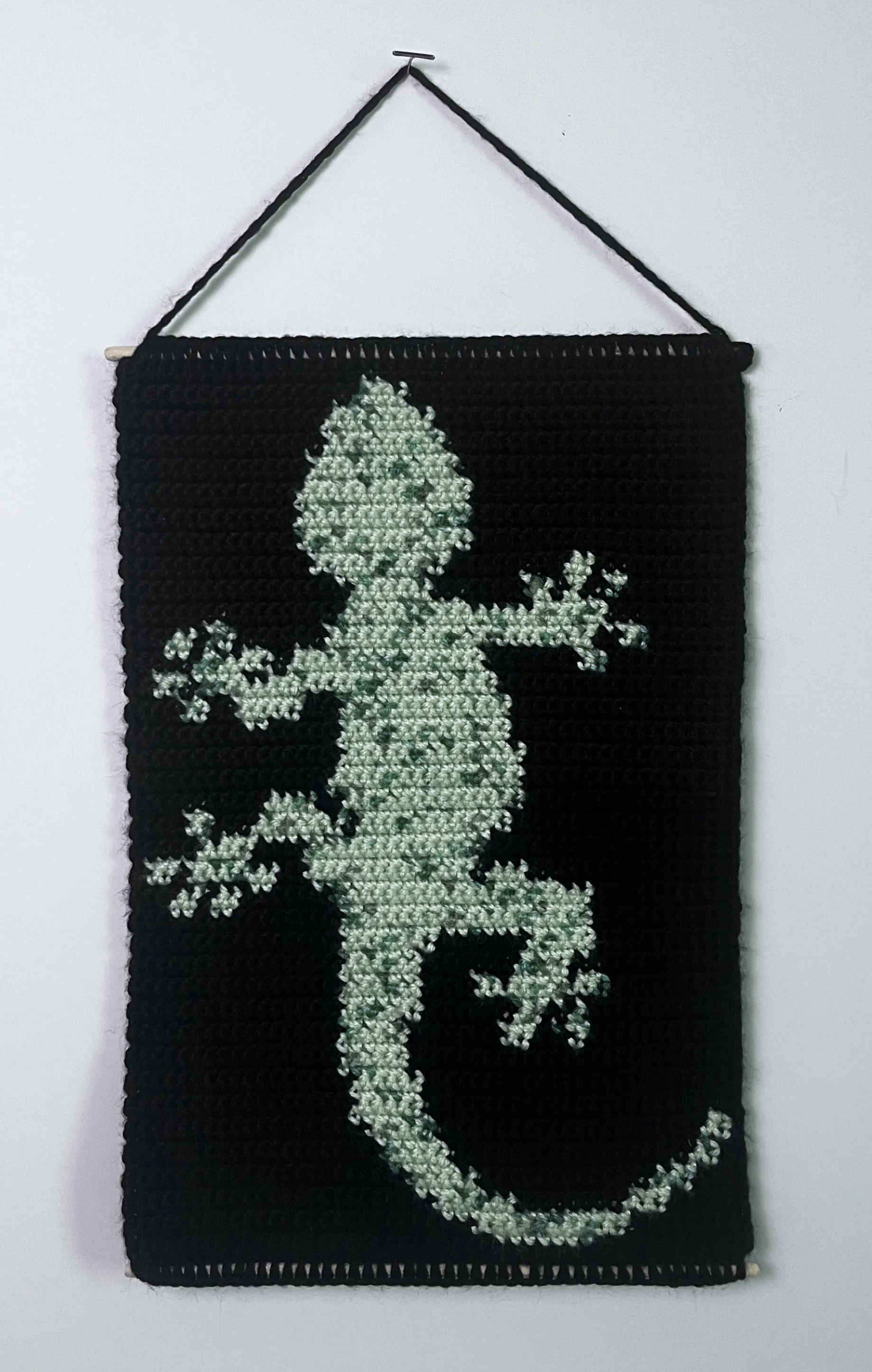 Lizard, 12.75 x 8.75”, acrylic yarn, wooden dowels, felt,  2026