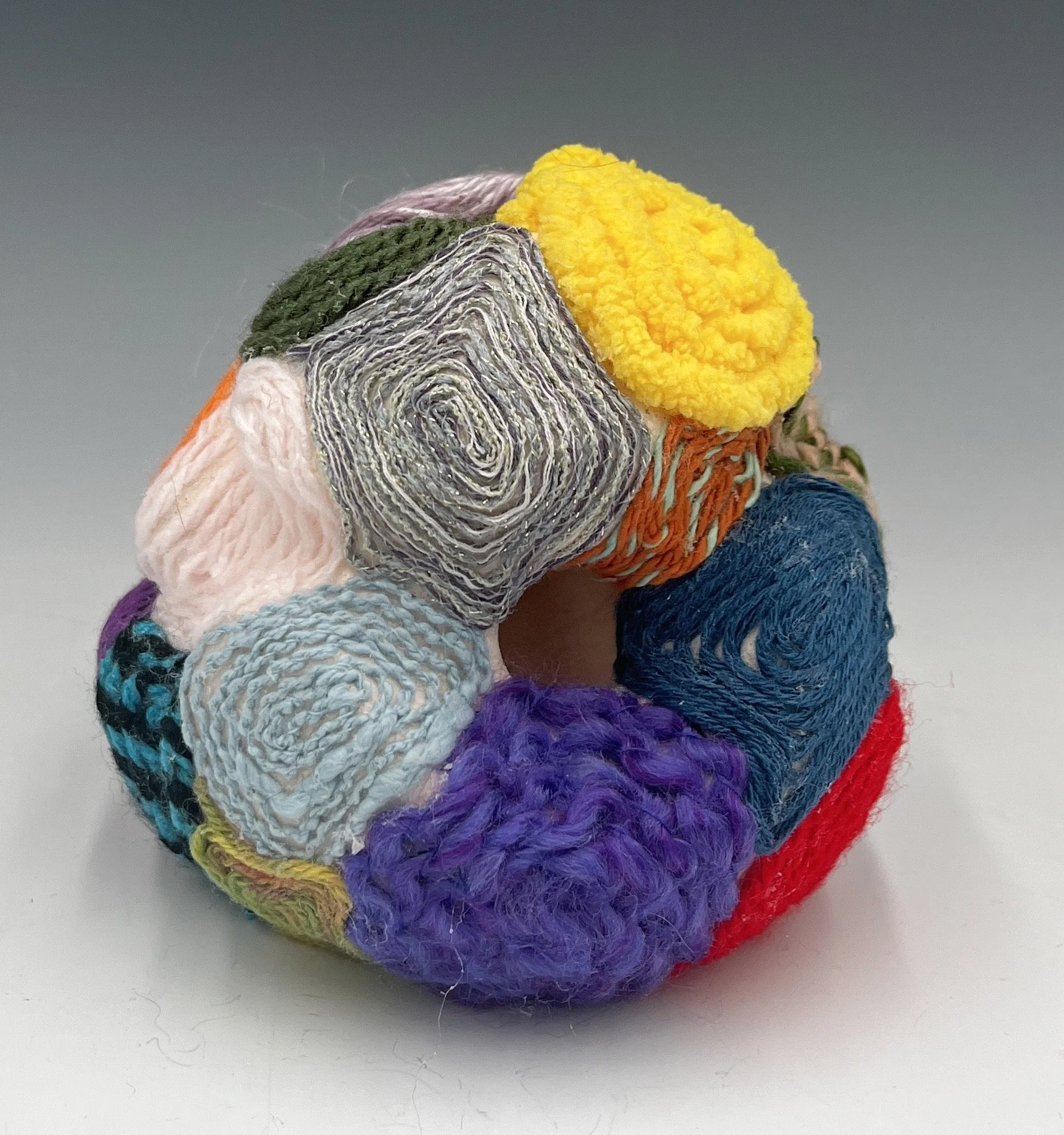 Glob #2, 4.25 x 4 x 4.25”, Ceramic and yarn, 2025
