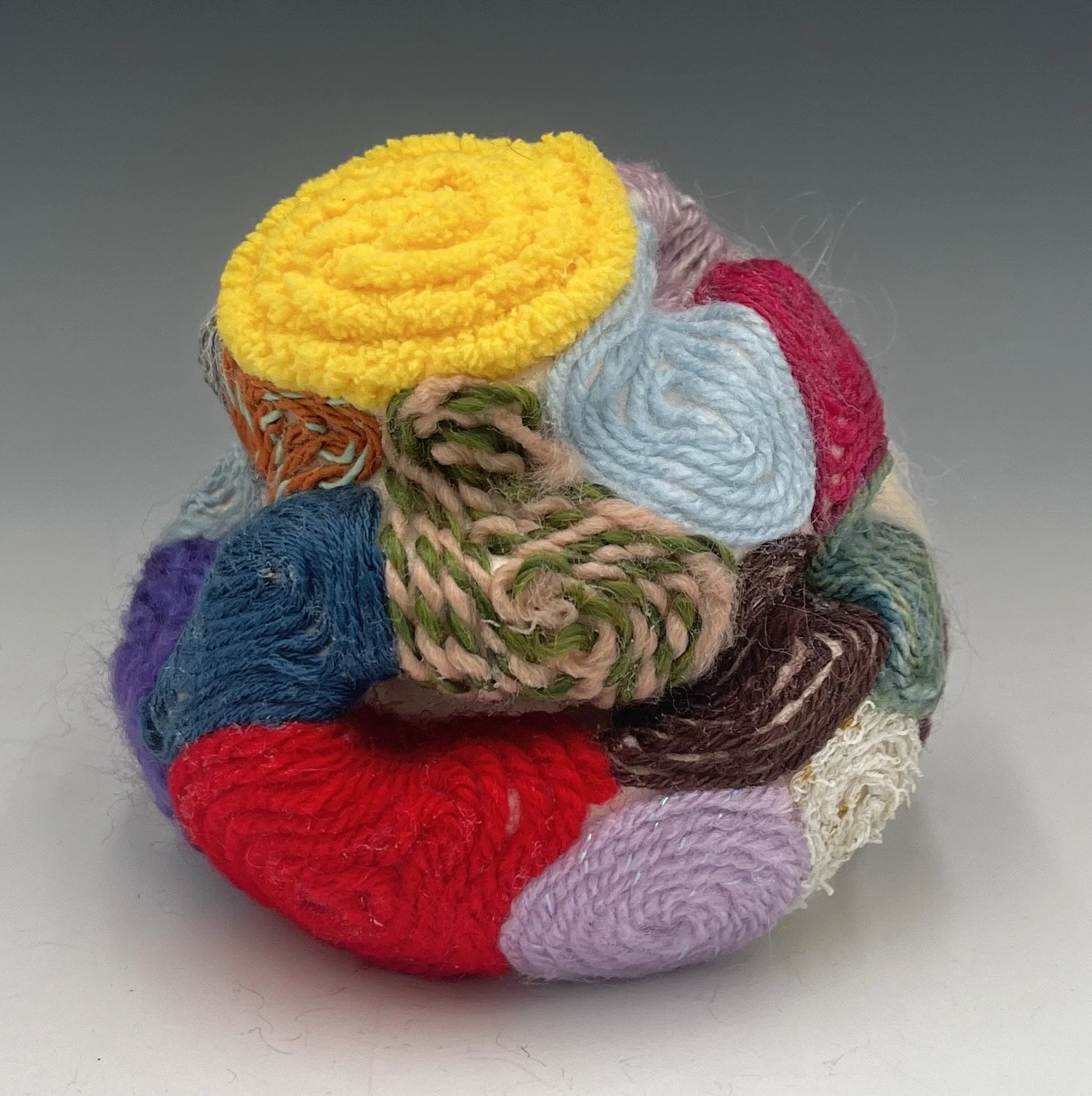 Glob #2, 4.25 x 4 x 4.25”, Ceramic and yarn, 2025