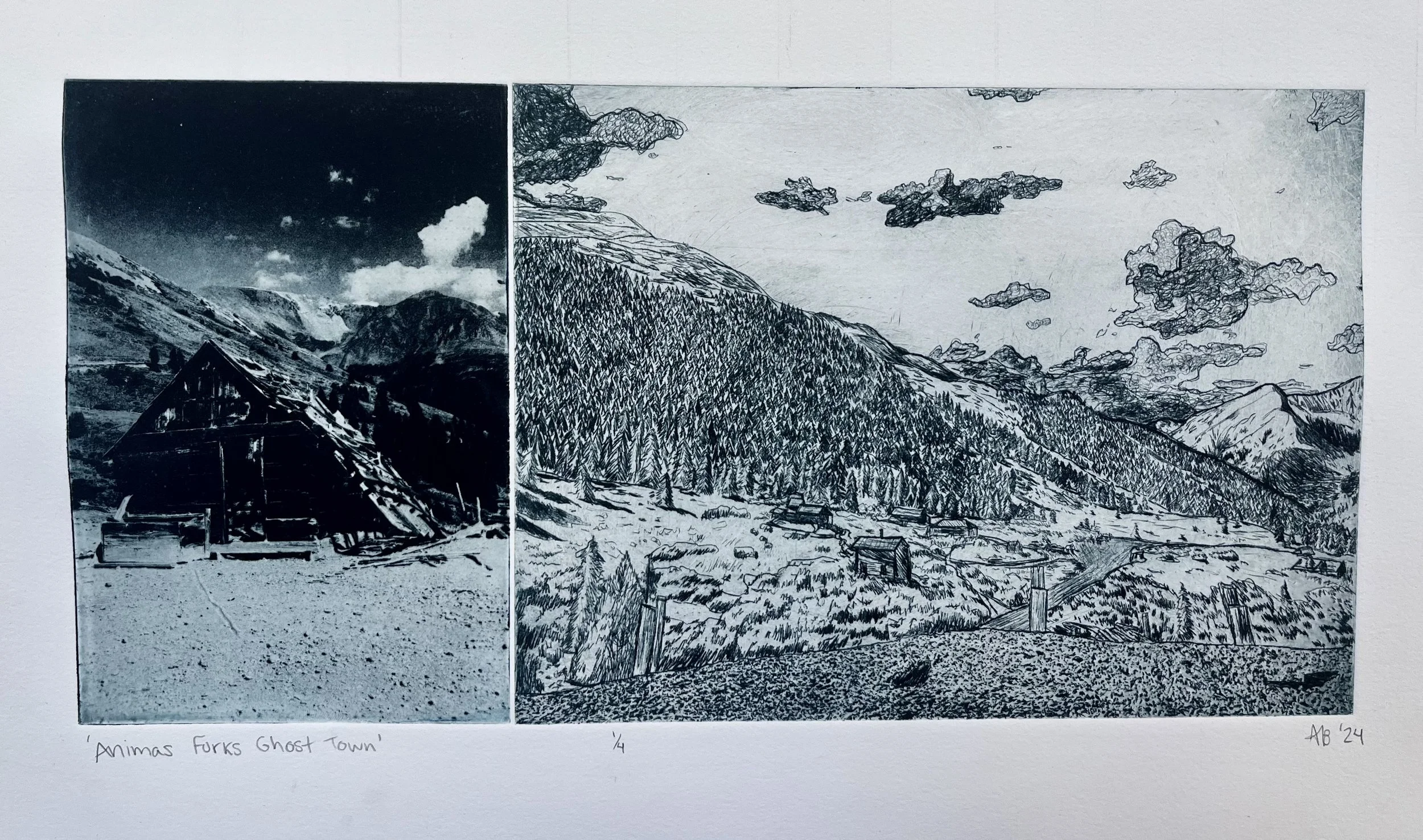 Animas Forks Ghost Town, 8 x 14”, Drypoint and solar plate on paper, 2024