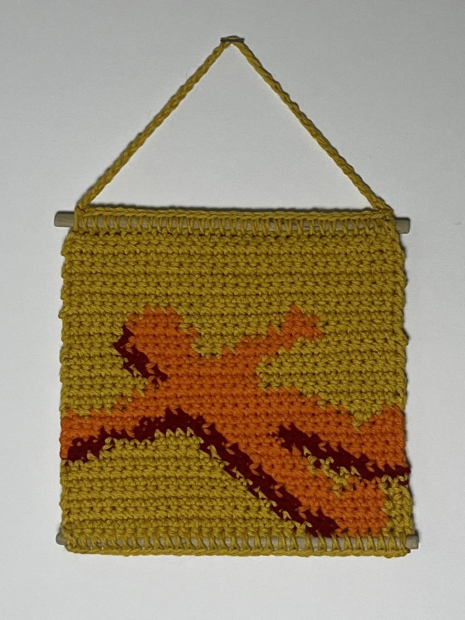 Existential Man, 8(12 hanging) x 8", cotton yarn, wooden dowels, 2025 