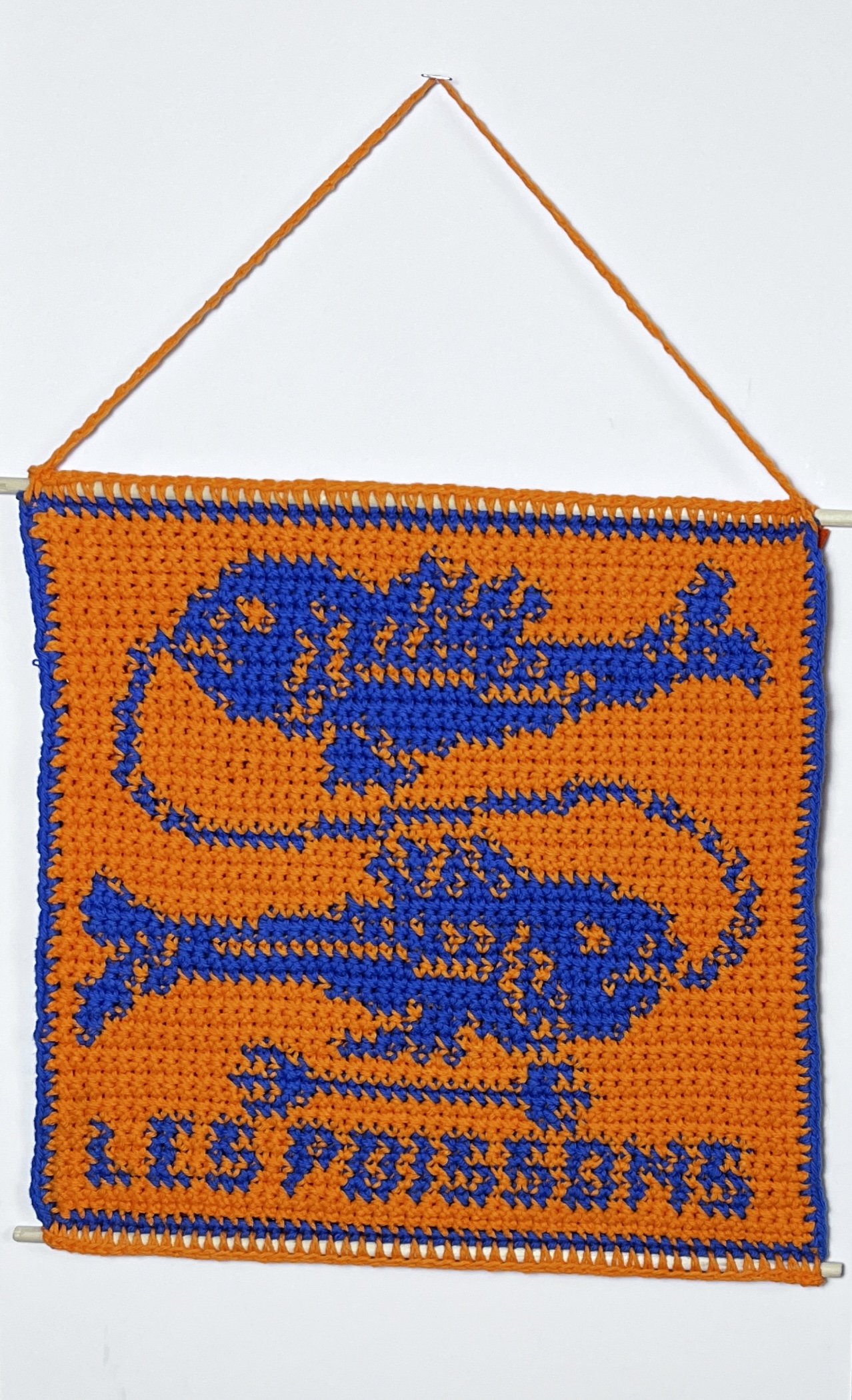 Les Poissons, 15 x 16.5”, cotton yarn, wooden dowels, felt,  2025