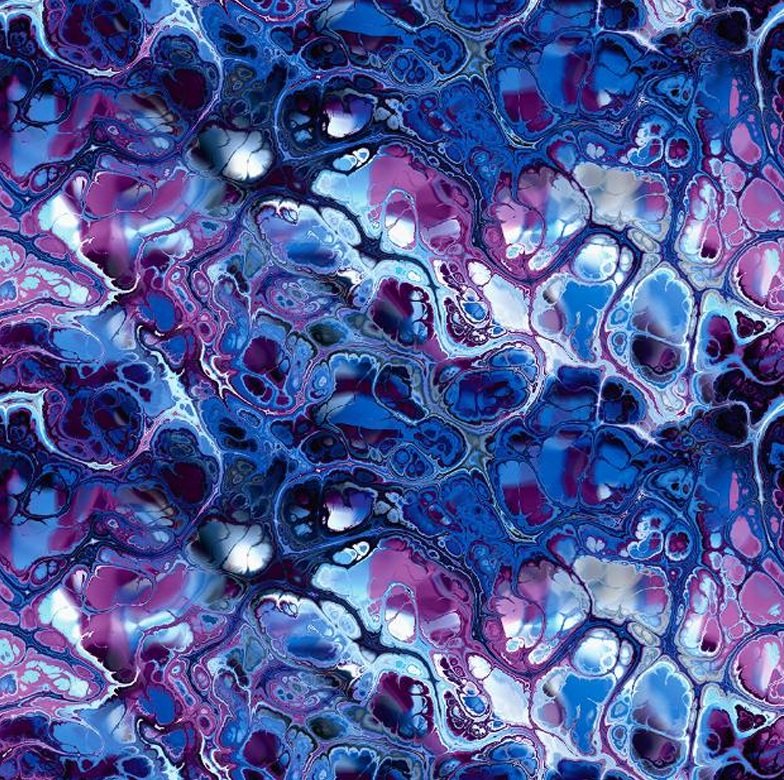 Abstract fluid art with swirling patterns in shades of blue, purple, black, and white.