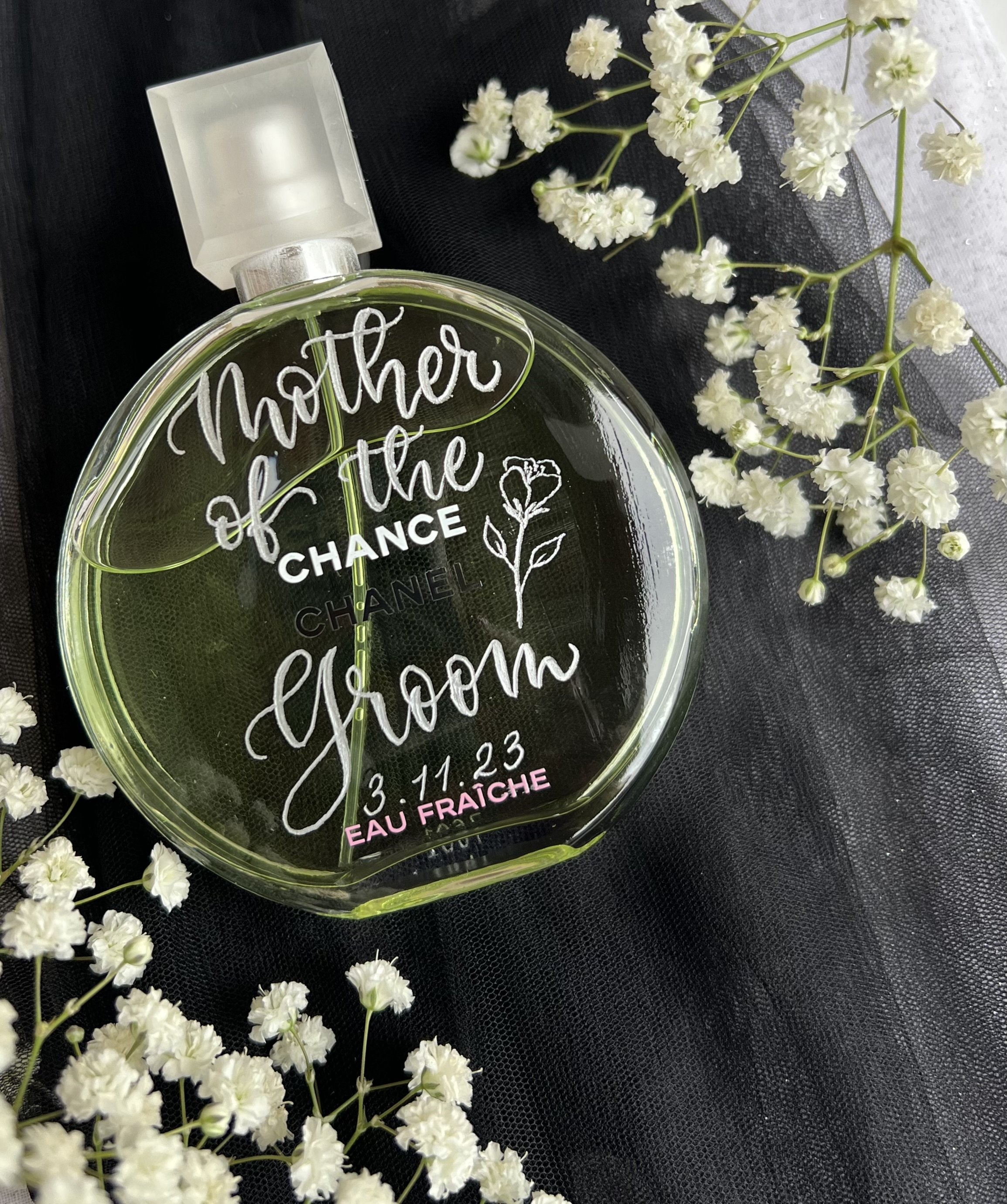 Engraved glass sample featuring custom names and elegant script