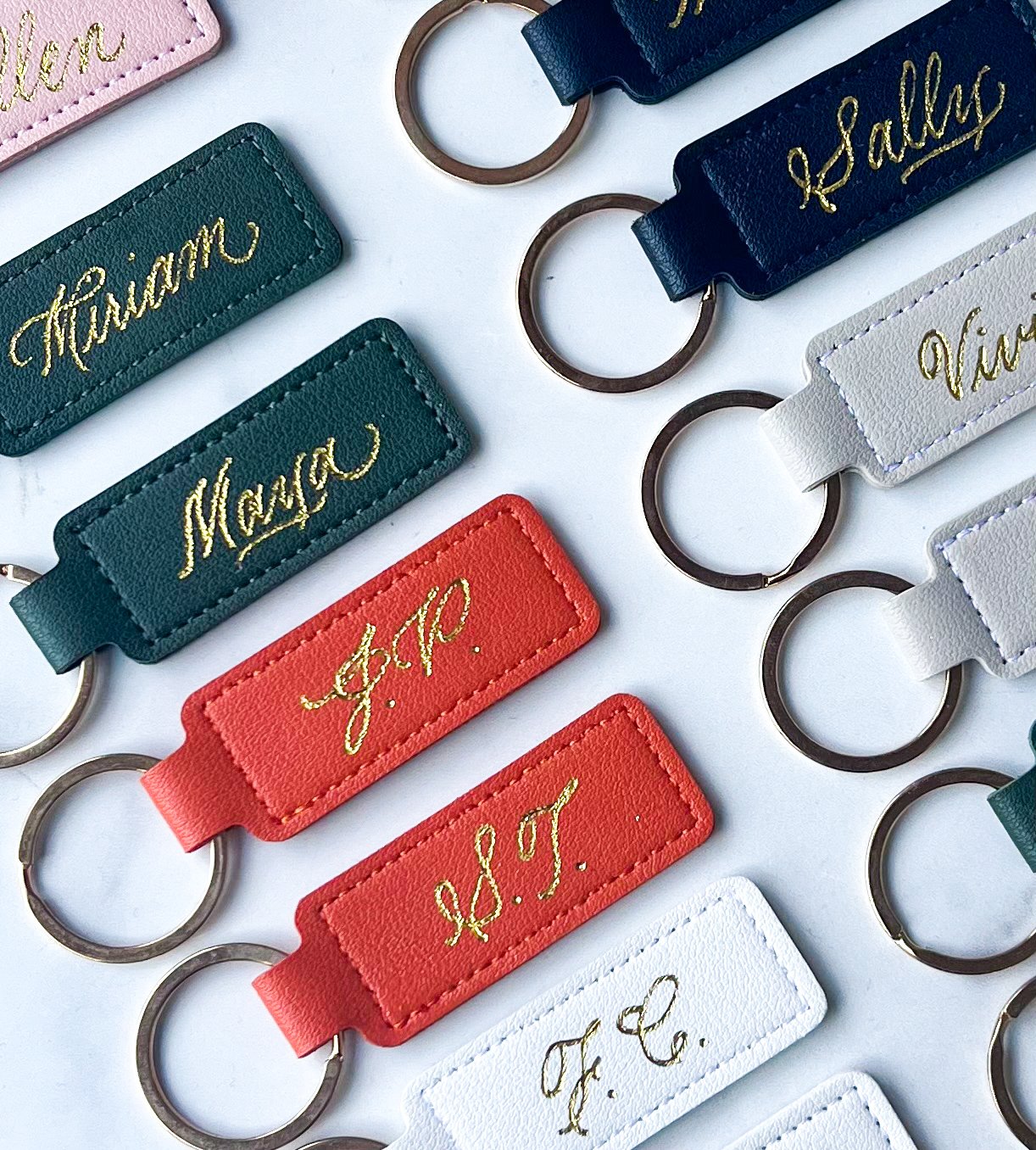 Personalized leather luggage tags hand-lettered for corporate retreats in California