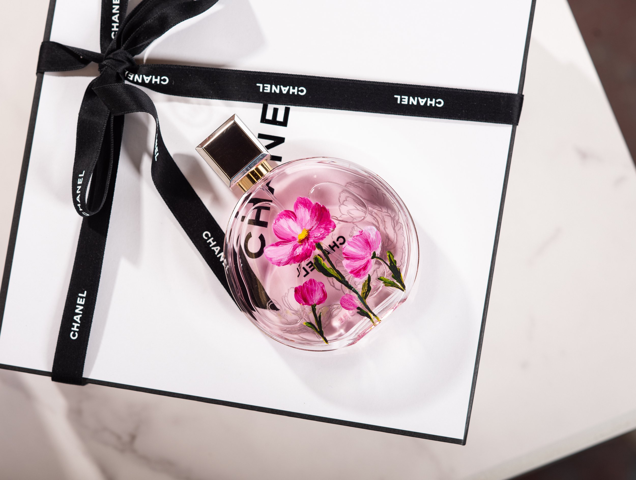 Custom Chanel bottle painting sample with hand-painted flowers for gifts
