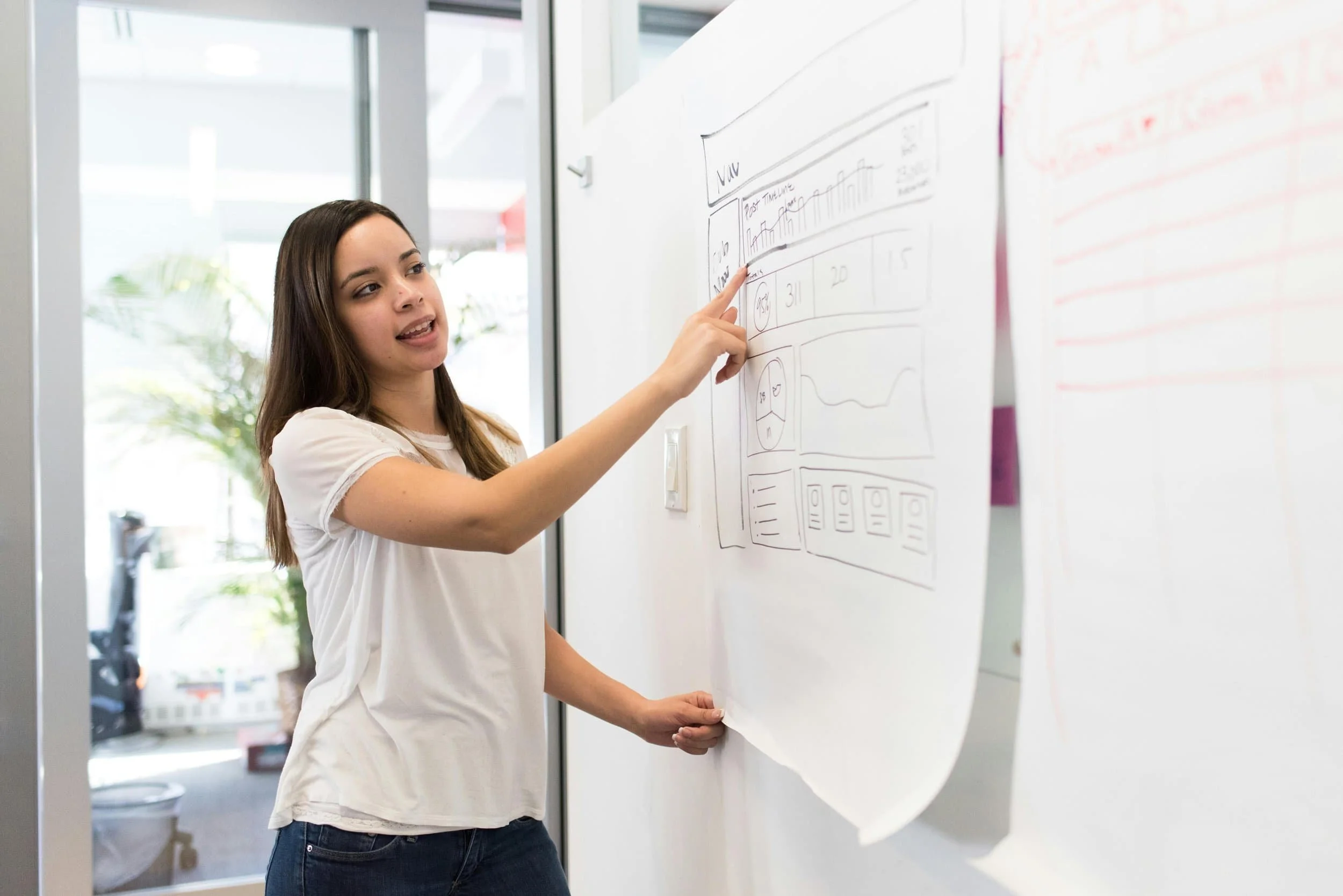 Young woman presenting a diagram on a whiteboard in a modern office.