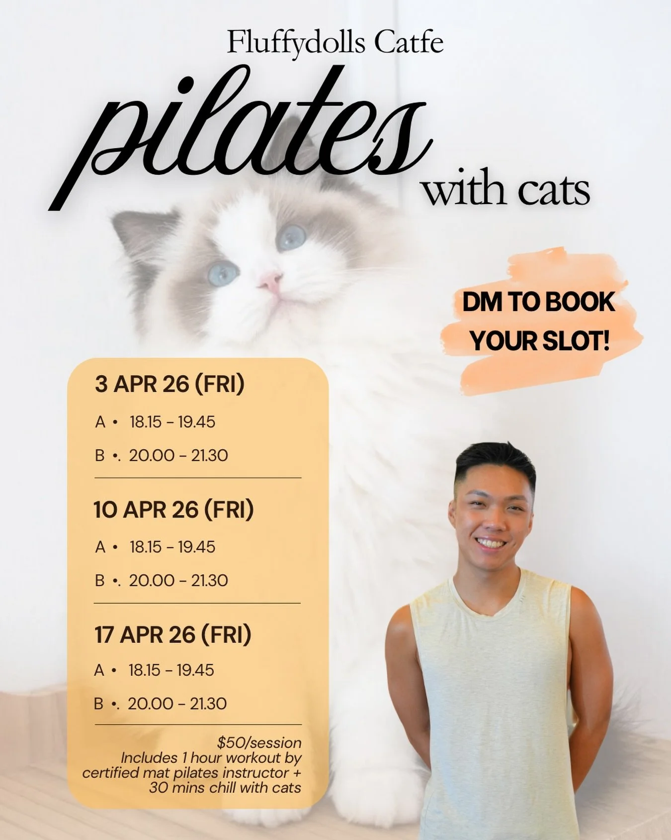 Thank you for your amazing response! We have now released April slots for our highly anticipated cat pilates! 🐈 To book, DM us with your preferred date, timeslot and number of pax. Do note that slots are only confirmed once payment has been complete
