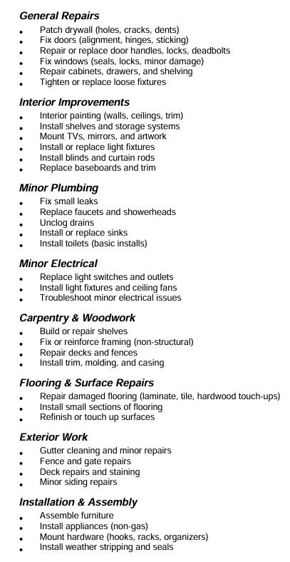 A detailed checklist for home maintenance and repair. Sections include: General Repairs, Interior Improvements, Minor Plumbing, Minor Electrical, Carpentry & Woodwork, Flooring & Surface Repairs, Exterior Work, and Installation & Assembly, listing various tasks for each category.