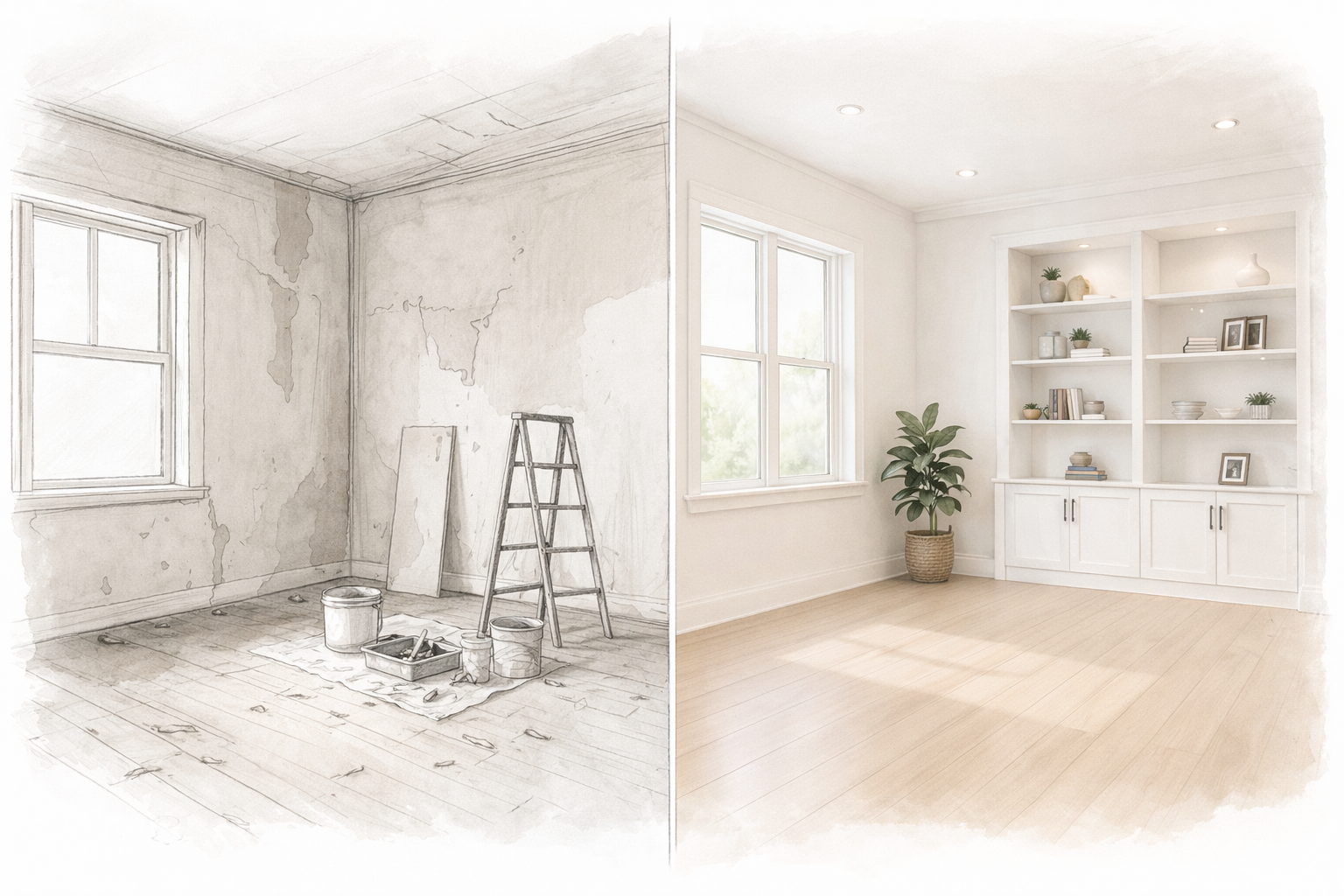 Side-by-side comparison of an unfinished, damaged room on the left and a freshly renovated, bright room on the right.