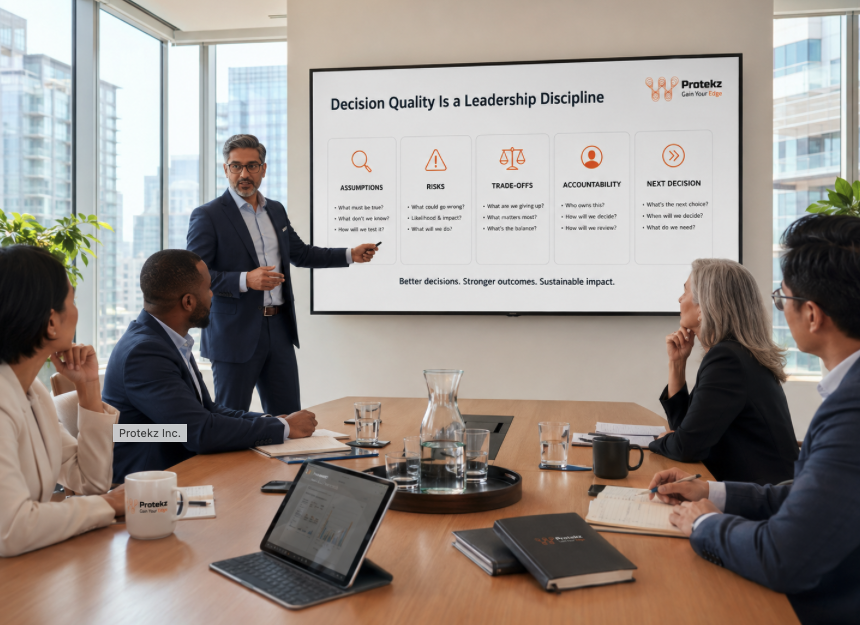 Business meeting in a modern conference room with a man presenting on a large screen about decision quality, assumptions, risks, accountability, and next steps, while five diverse professionals listen and take notes.