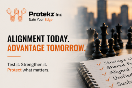 A promotional graphic for Protekz Inc. featuring chess pieces on a chessboard, with a city skyline in the background, and encouraging message about alignment and strengthening strategies.