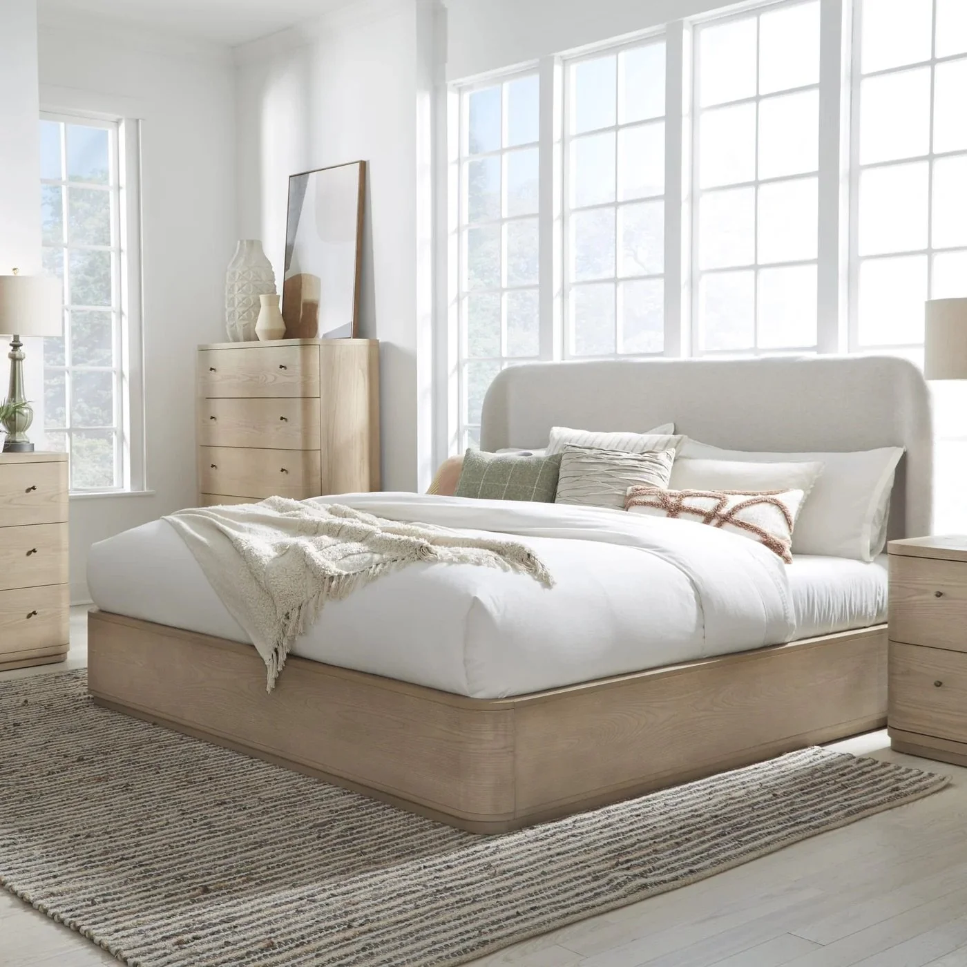 Penny Upholstered Bed in Buff Cream Ash & Linen Oatmeal Linen